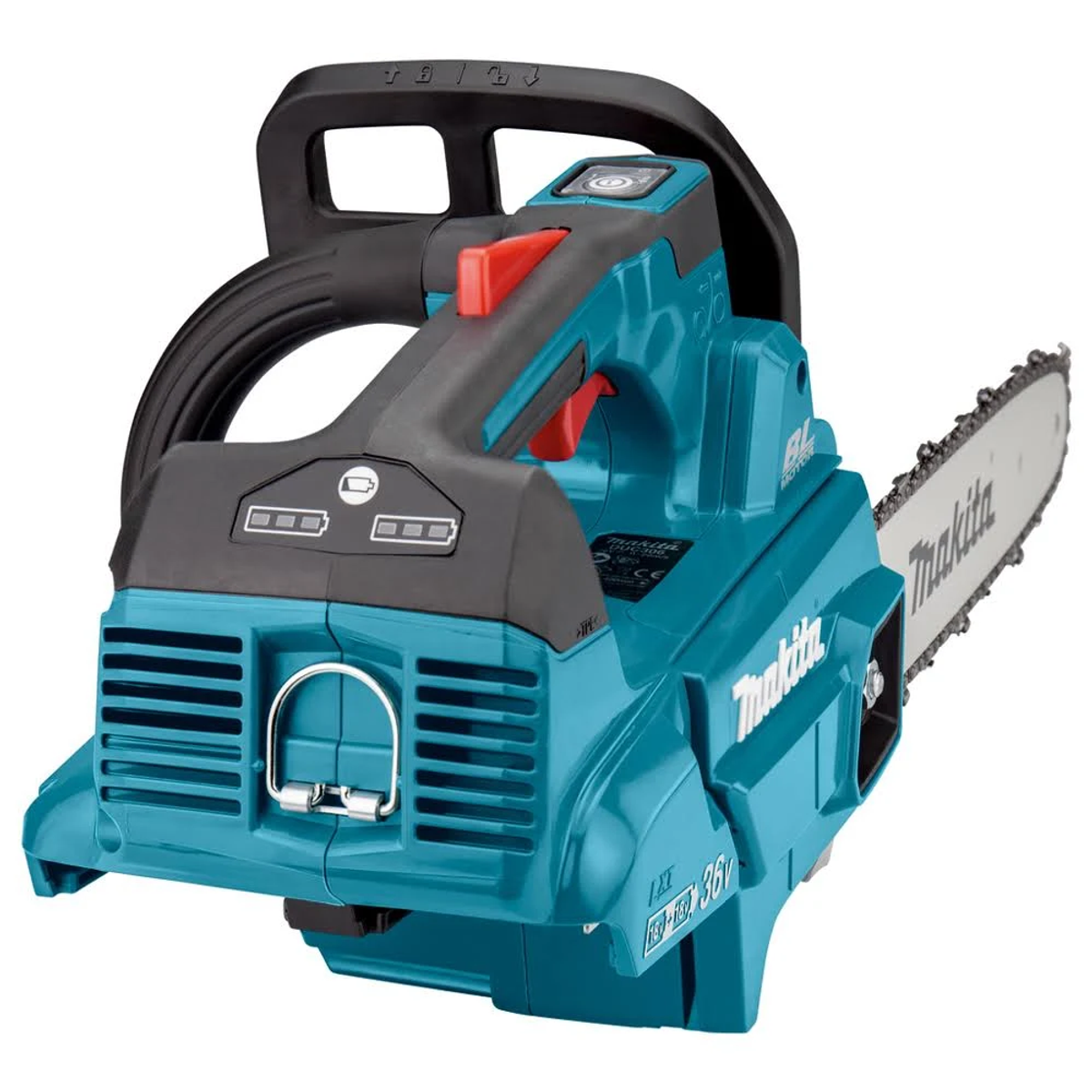 Eine türkisblaue Makita-Kettensäge mit schwarzem Griff und roten Akzenten. Die Kette ist silberfarben. Das Makita-Logo ist sichtbar.