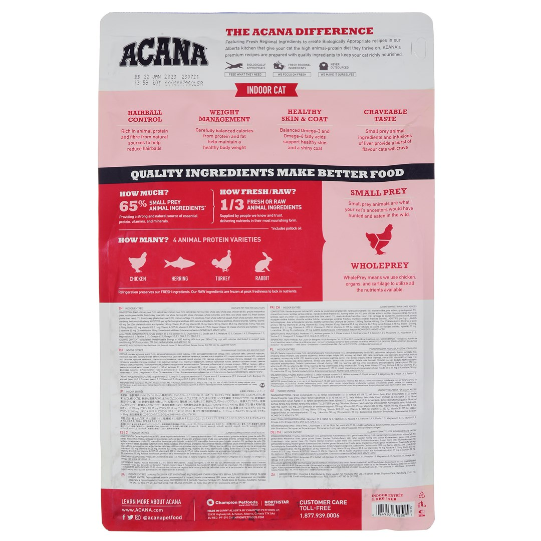 Opakowanie karmy dla kotów ACANA. Zawiera tekst o kontroli kul włosowych, kontroli wagi i zdrowej skórze.