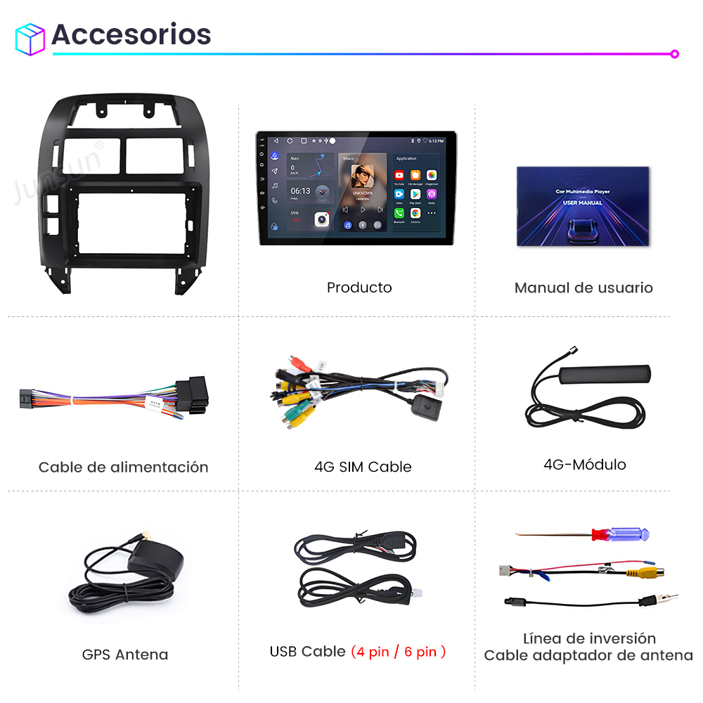 Una pantalla de productos con accesorios. Incluye un marco negro, una pantalla, cables, un manual y antenas. Etiquetas en español.