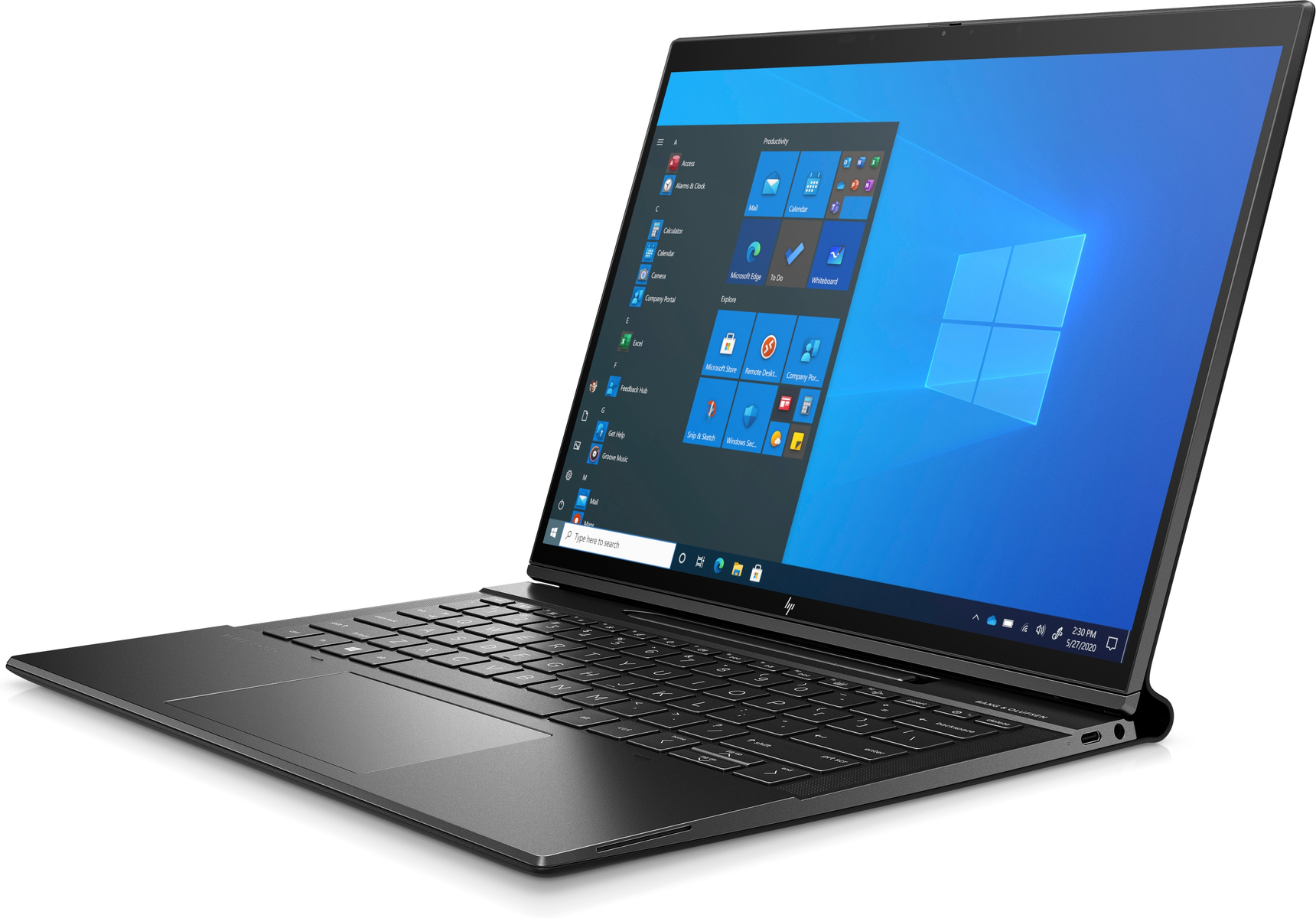 Ein dunkelgraues HP-Laptop ist geöffnet. Der Bildschirm zeigt die Windows 10-Oberfläche mit verschiedenen App-Symbolen.
