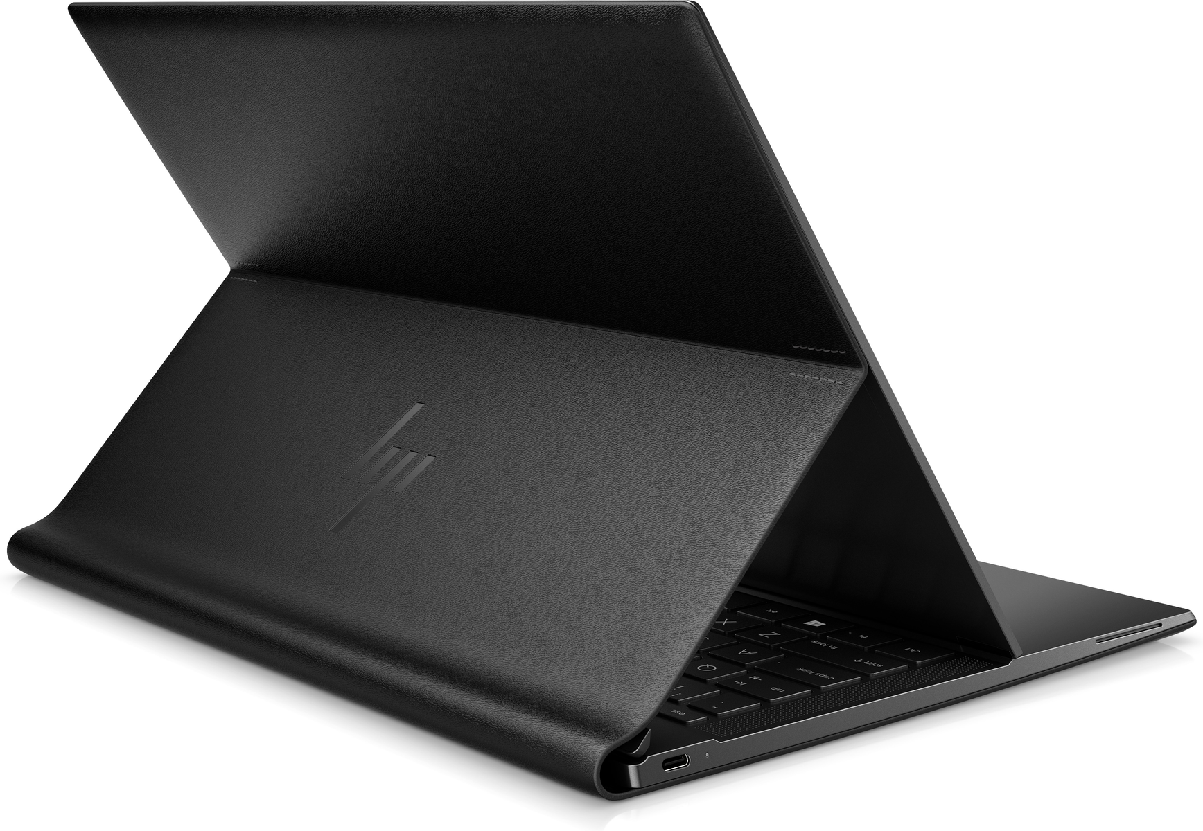 Ein schwarzes HP-Laptop mit offenem Deckel, das die Tastatur zeigt. Das HP-Logo ist sichtbar. Der Hintergrund ist weiß.
