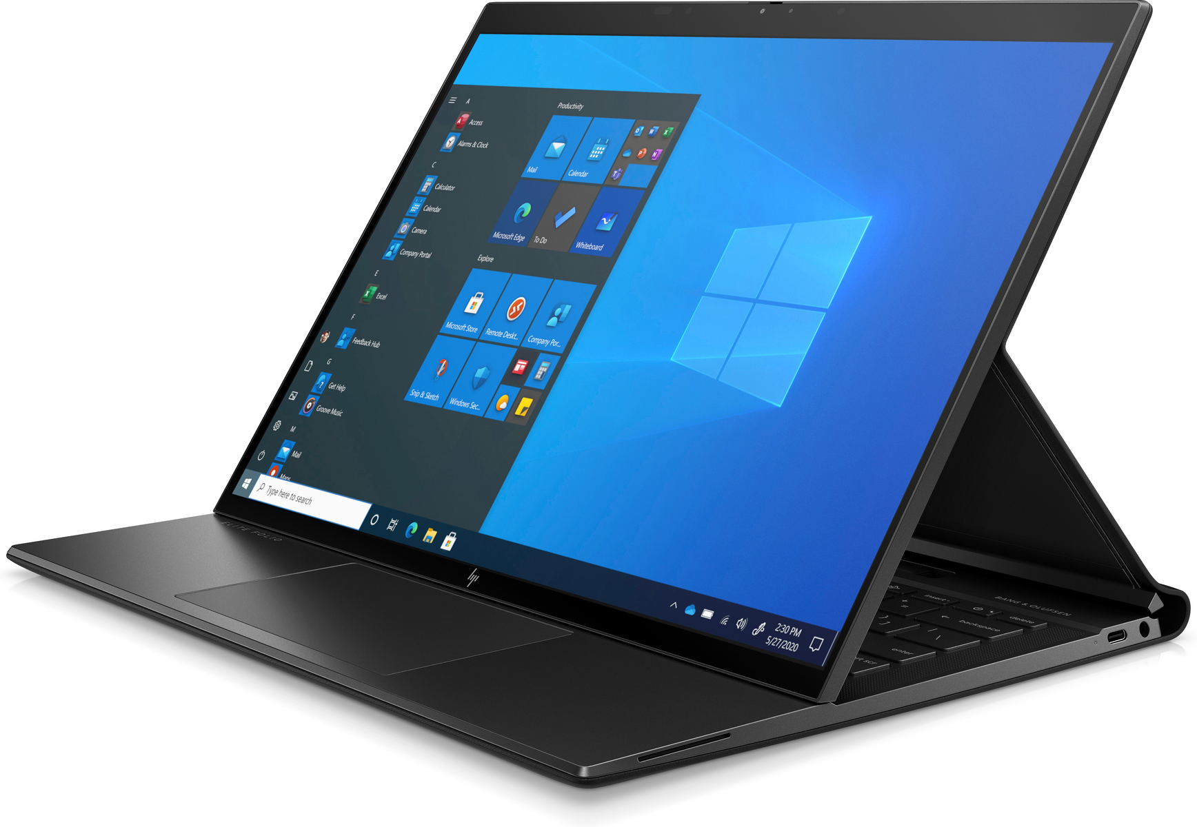 Ein schwarzes HP Elite Folio Laptop. Der Bildschirm zeigt Windows-Apps an. Die Tastatur ist sichtbar. Der Laptop ist geöffnet.