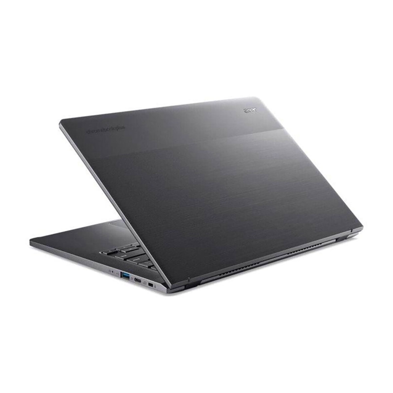 Ein dunkelgraues Acer Chromebook Plus Laptop ist leicht geöffnet und zeigt Tastatur und Anschlüsse. Der Hintergrund ist weiß.