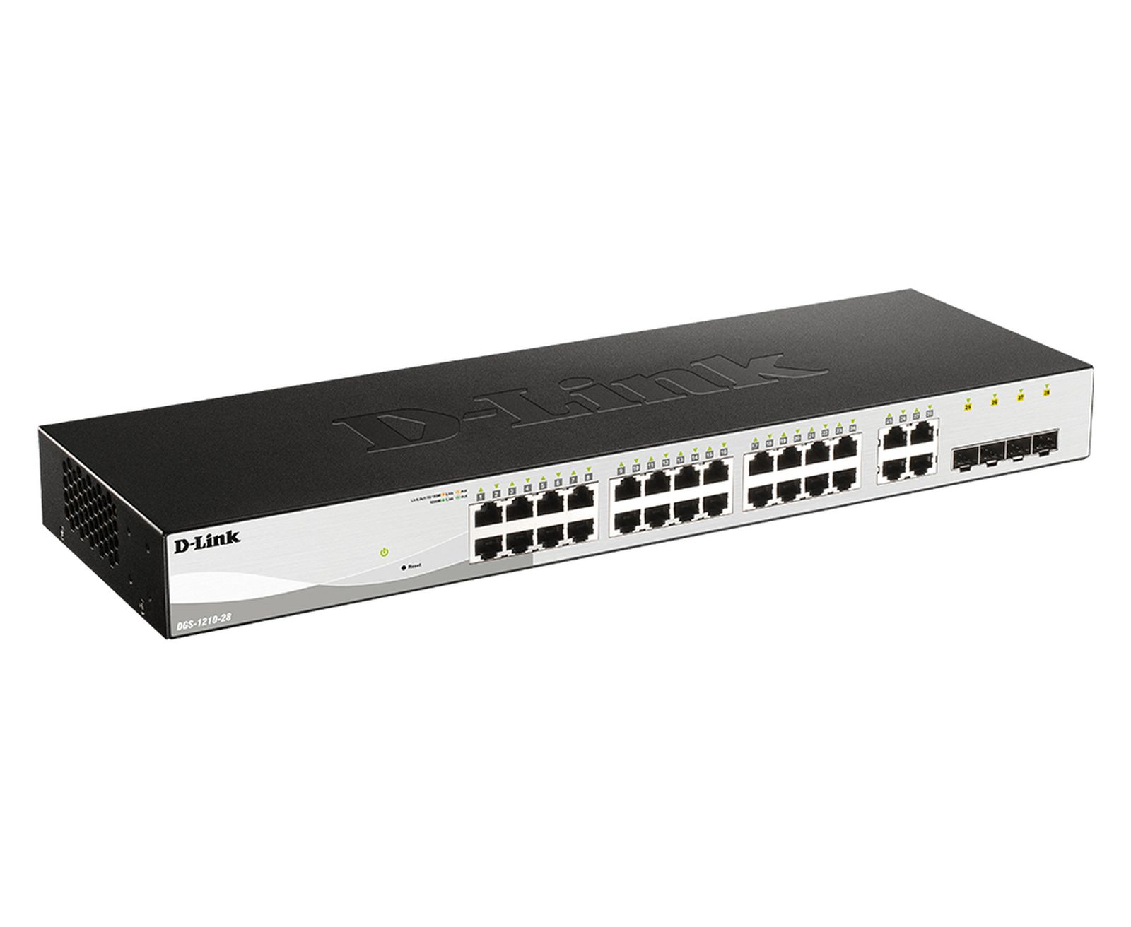 Viene mostrato uno switch di rete D-Link. È nero e argento, con porte e luci. Il marchio è visibile sulla parte anteriore.