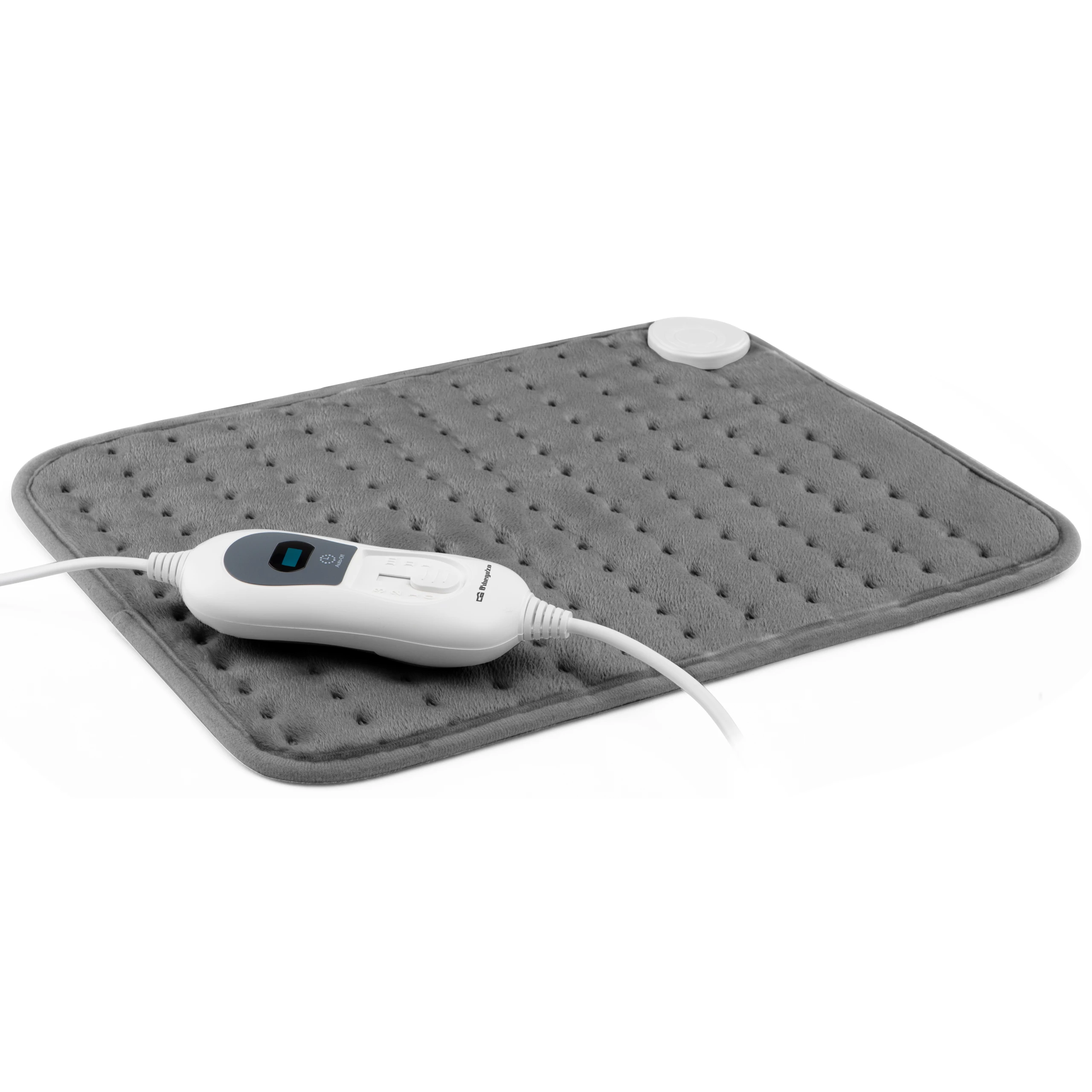 Szara poduszka grzewcza z panelem sterowania i białym przewodem. Biały przycisk na poduszce.