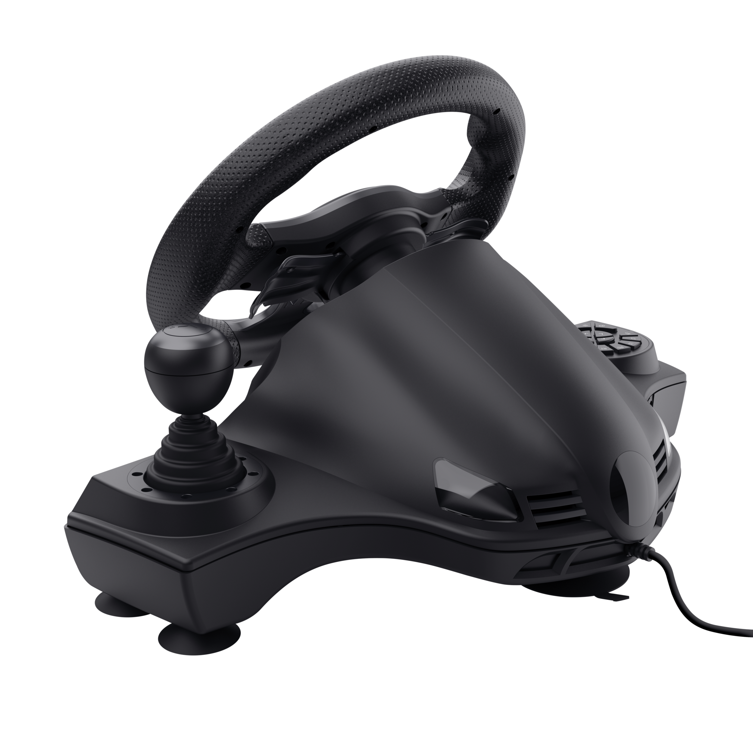 Czarna kierownica do gier z perforowanym uchwytem, podstawą z przyciskami i joystickiem na czarnym tle.