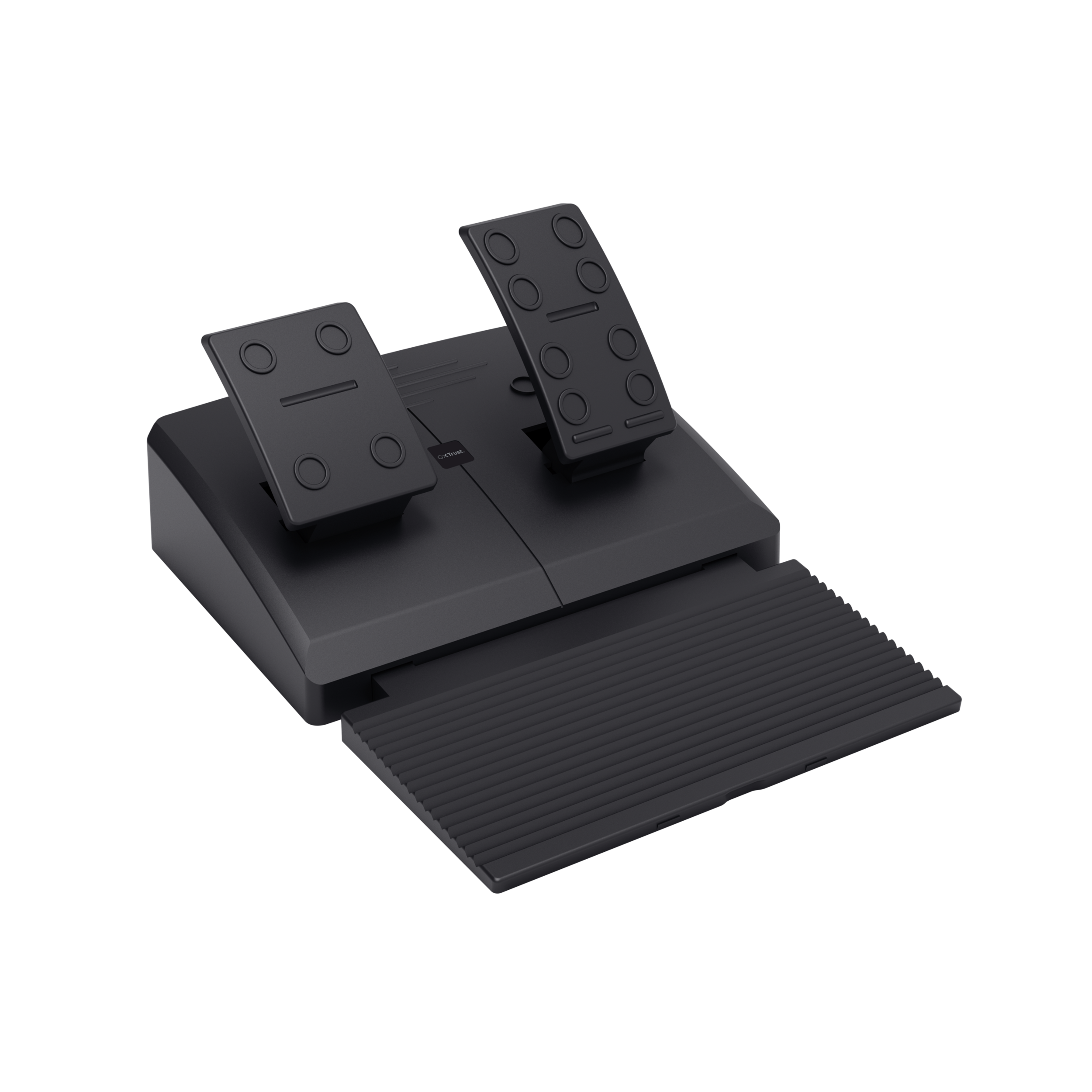 Czarny zestaw pedałów do gier na czarnym tle. Dwa pedały u góry, podnóżek na dole. Pedały są czarne.