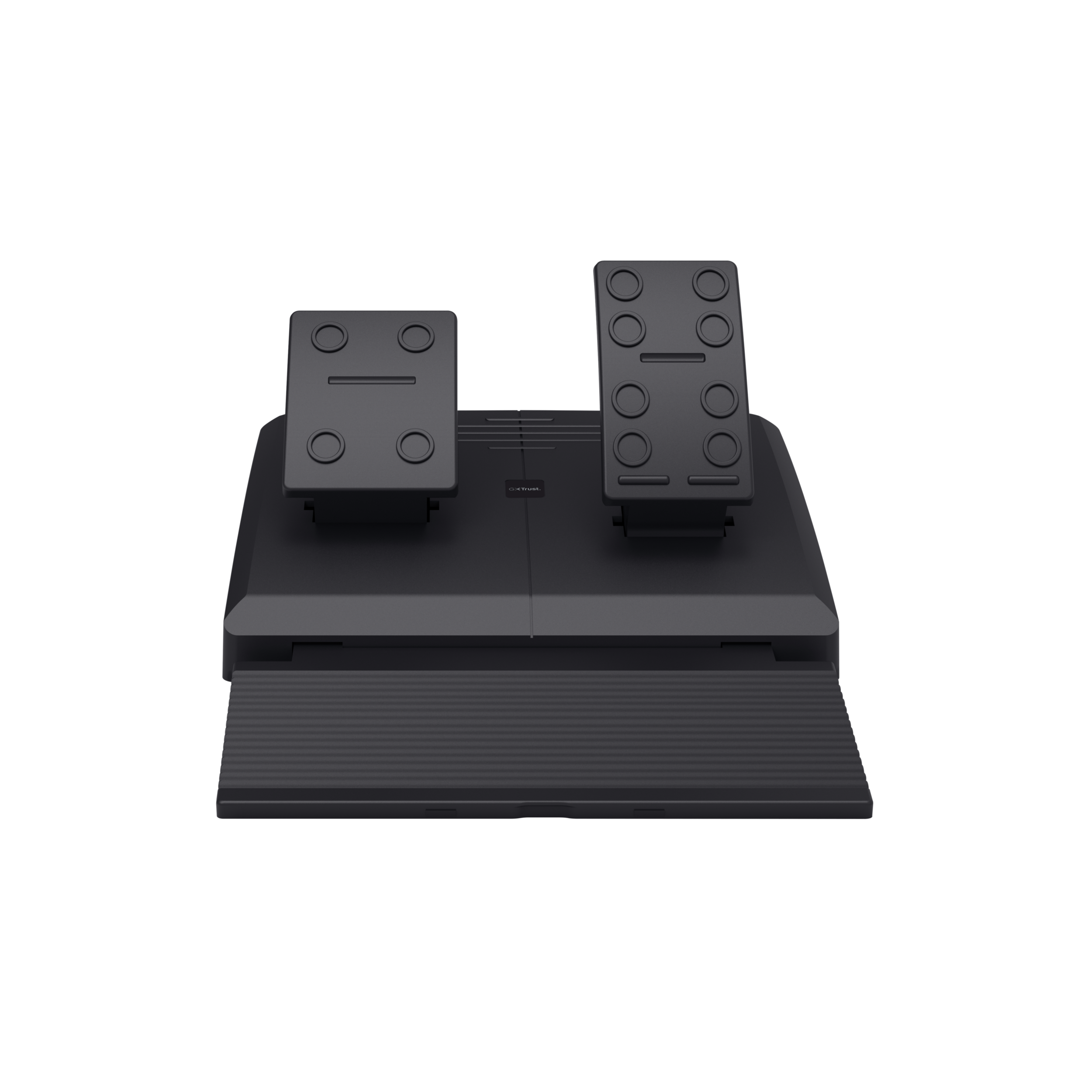 Czarny zestaw pedałów do gier. Dwa pedały po lewej, cztery po prawej i podpórka pod stopy. Wszystko na czarnej podstawie.