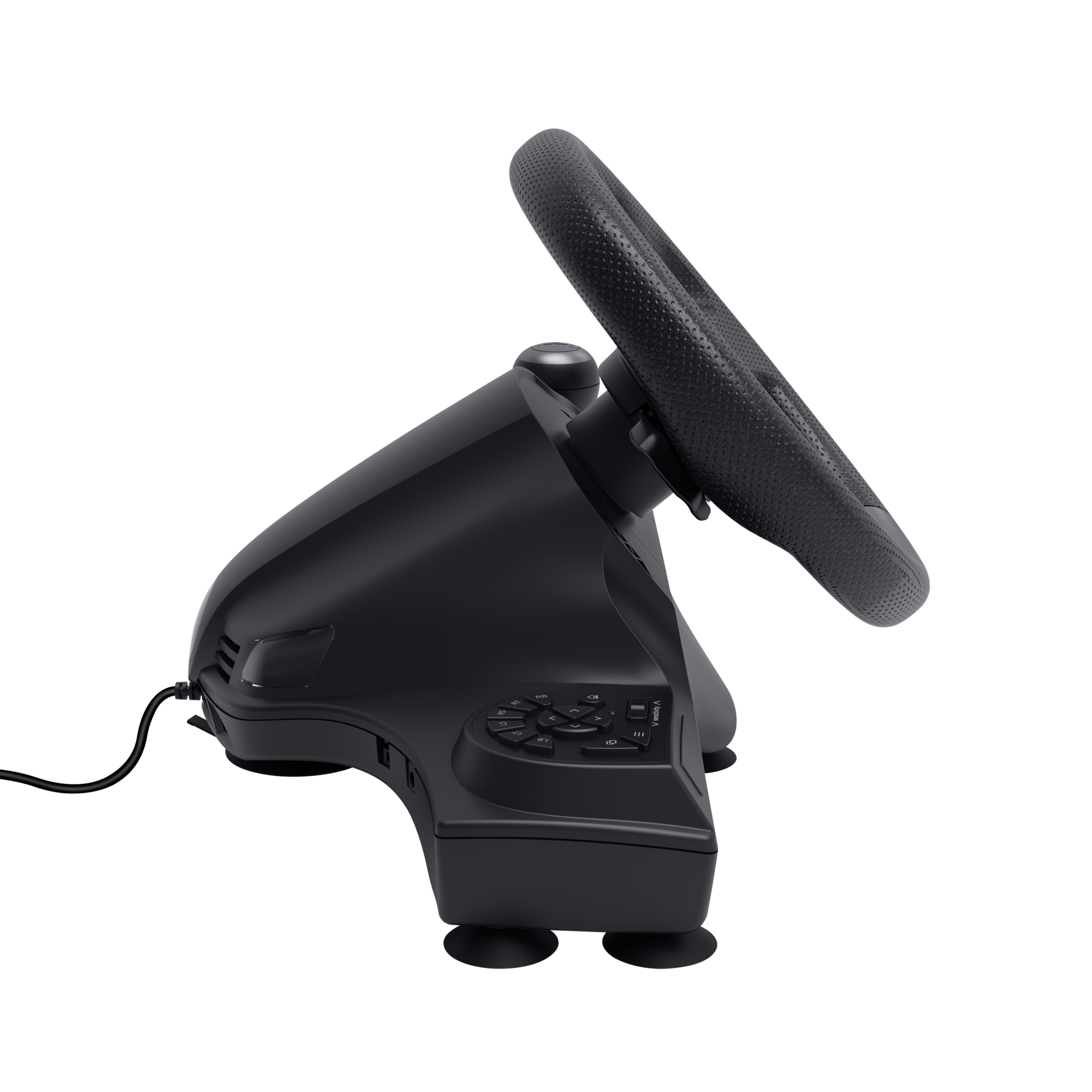 Czarna kierownica wyścigowa na czarnym tle. Ma przyciski i przyssawki. Kierownica jest pochylona.