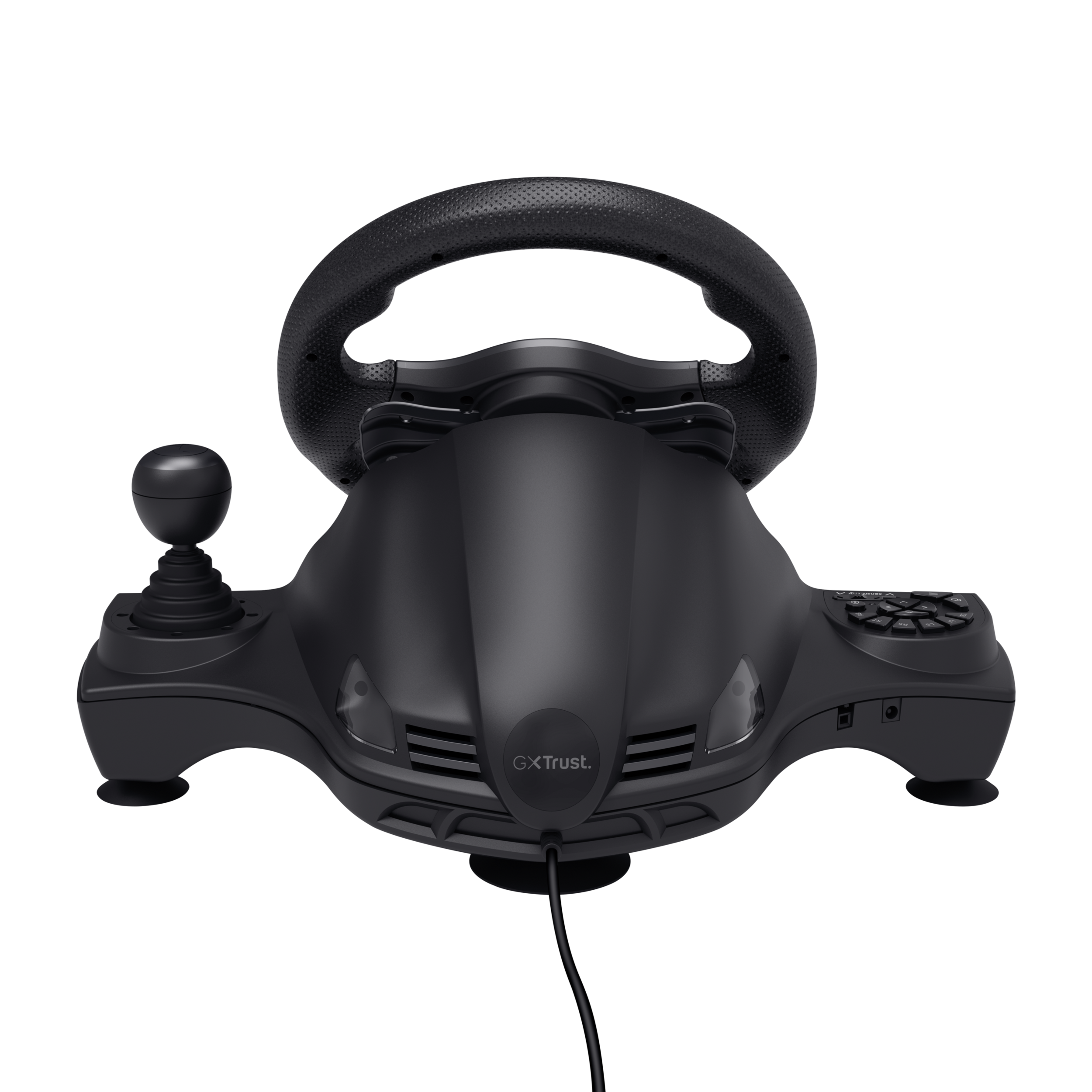 Czarna kierownica wyścigowa z joystickiem i przyciskami. Ma markę 'GXT Trust'.