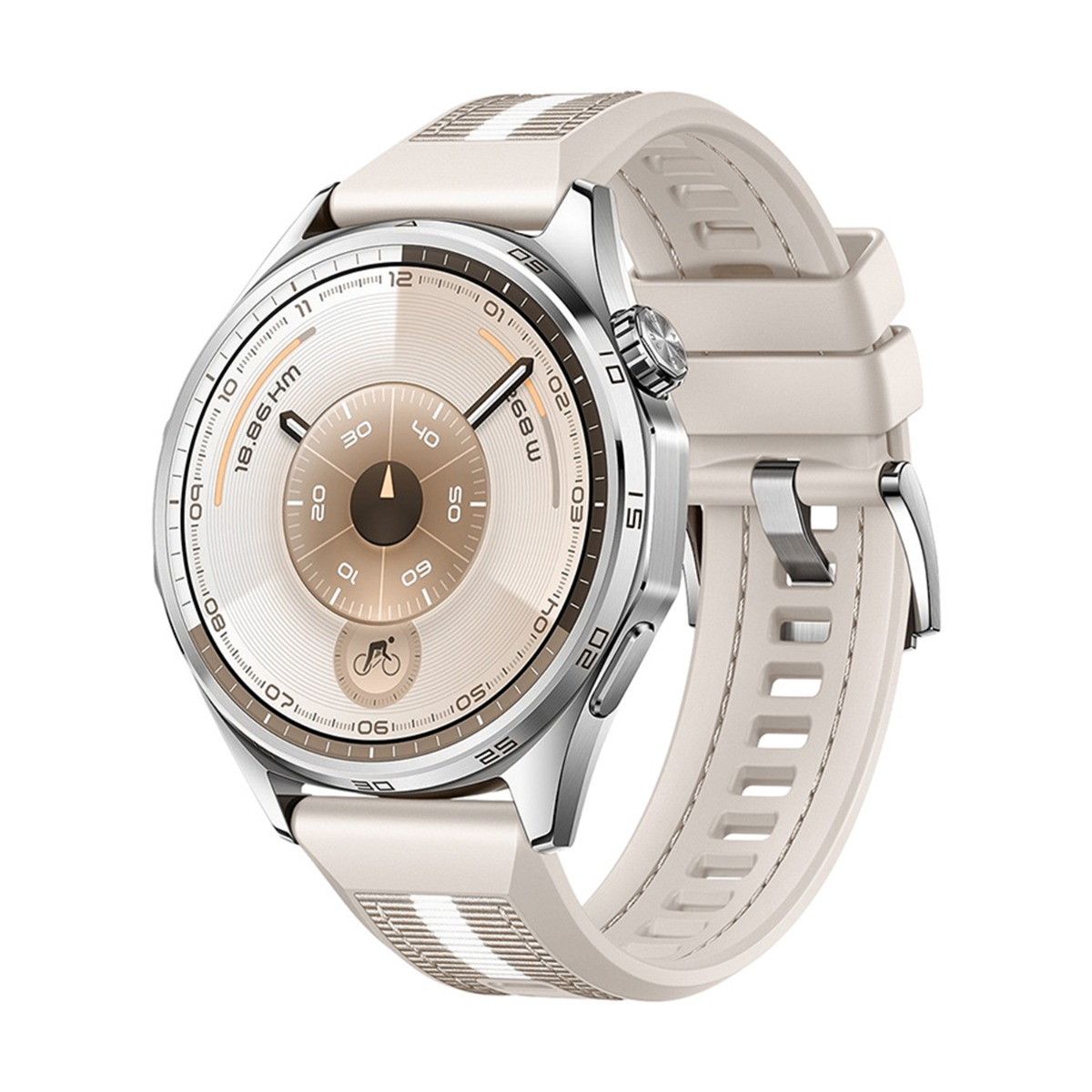 Eine cremefarbene Smartwatch mit silberner Lünette und cremefarbenem Armband. Das Zifferblatt zeigt Zahlen und Symbole in Weiß und Braun.
