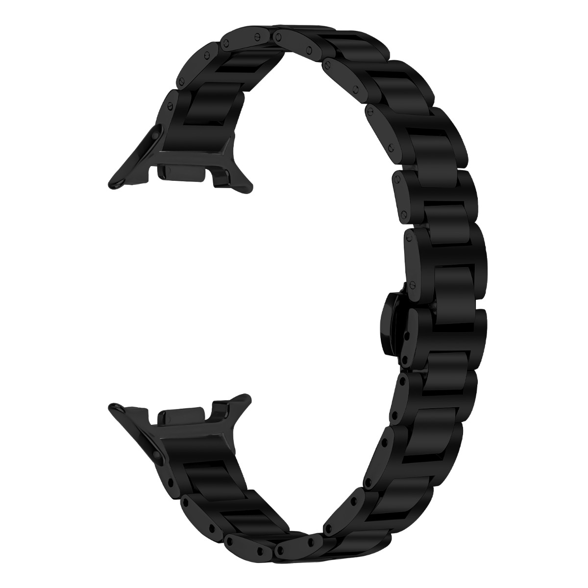 Un cinturino per orologio curvo in metallo nero si trova su uno sfondo bianco. È composto da maglie rettangolari collegate e ha due punti di attacco.