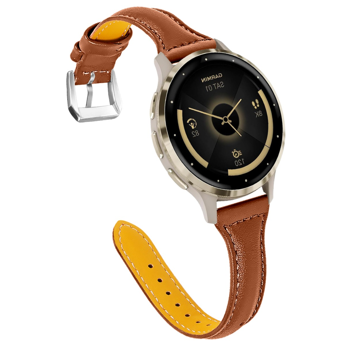 Uno smartwatch Garmin con cinturino in pelle marrone e fodera interna gialla. Il quadrante è nero e oro.