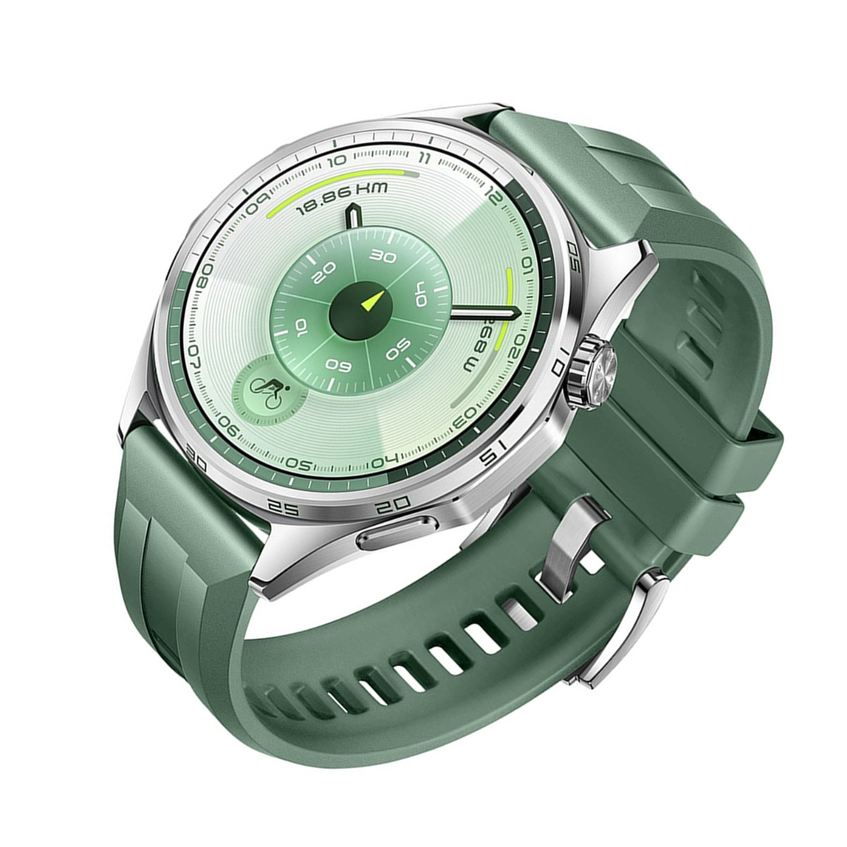 Eine grüne Smartwatch mit kreisförmigem Display, das Fitnessdaten anzeigt. Das Armband ist ebenfalls grün, die Uhr hat eine silberne Lünette und Knöpfe.