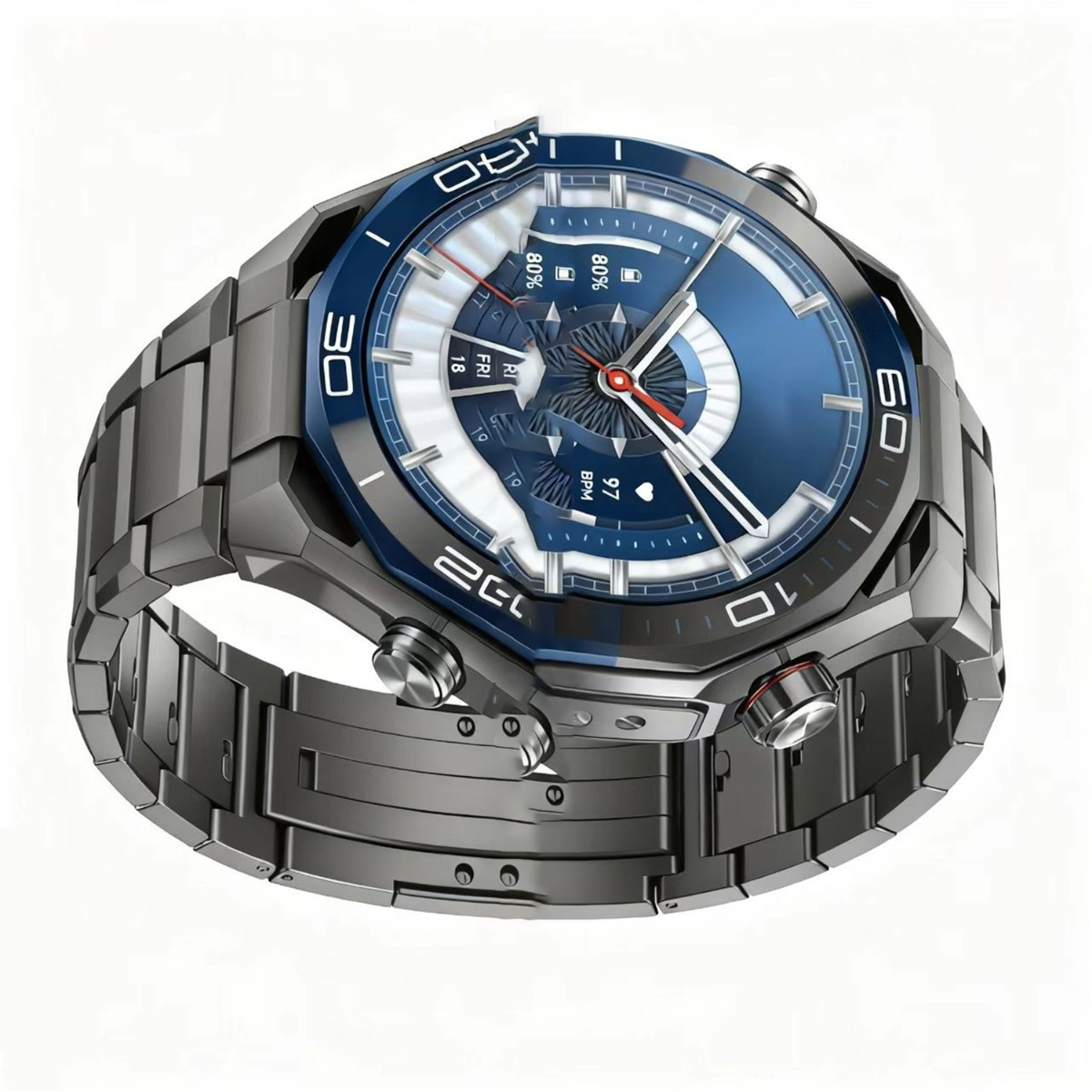 Eine moderne Smartwatch mit Metallarmband. Das Zifferblatt ist blau und weiß und zeigt Zeit- und Gesundheitsdaten auf weißem Hintergrund.