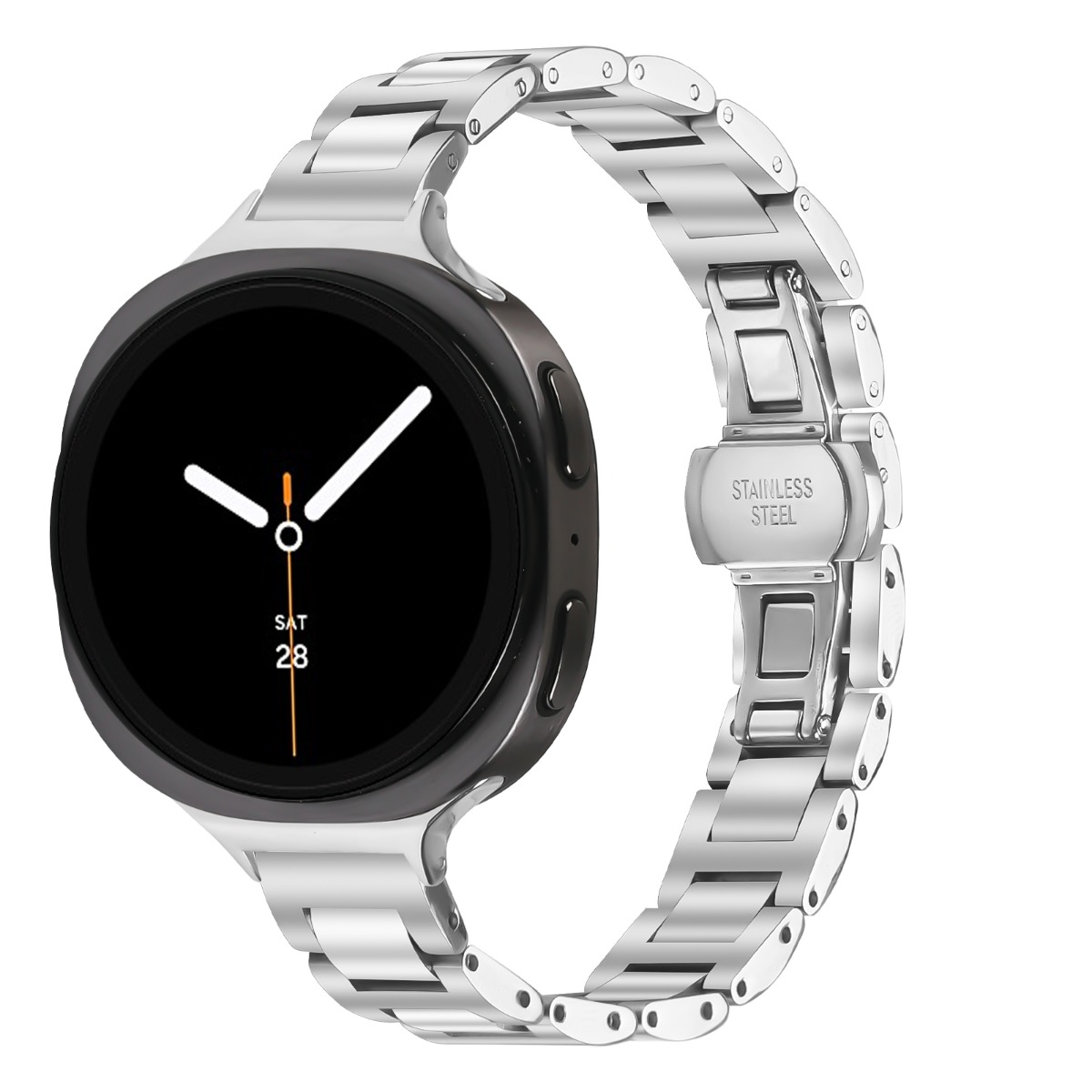Eine silberne Smartwatch mit schwarzem Bildschirm, der die Uhrzeit anzeigt. Das Armband ist silbern und trägt die Aufschrift 'STAINLESS STEEL'.