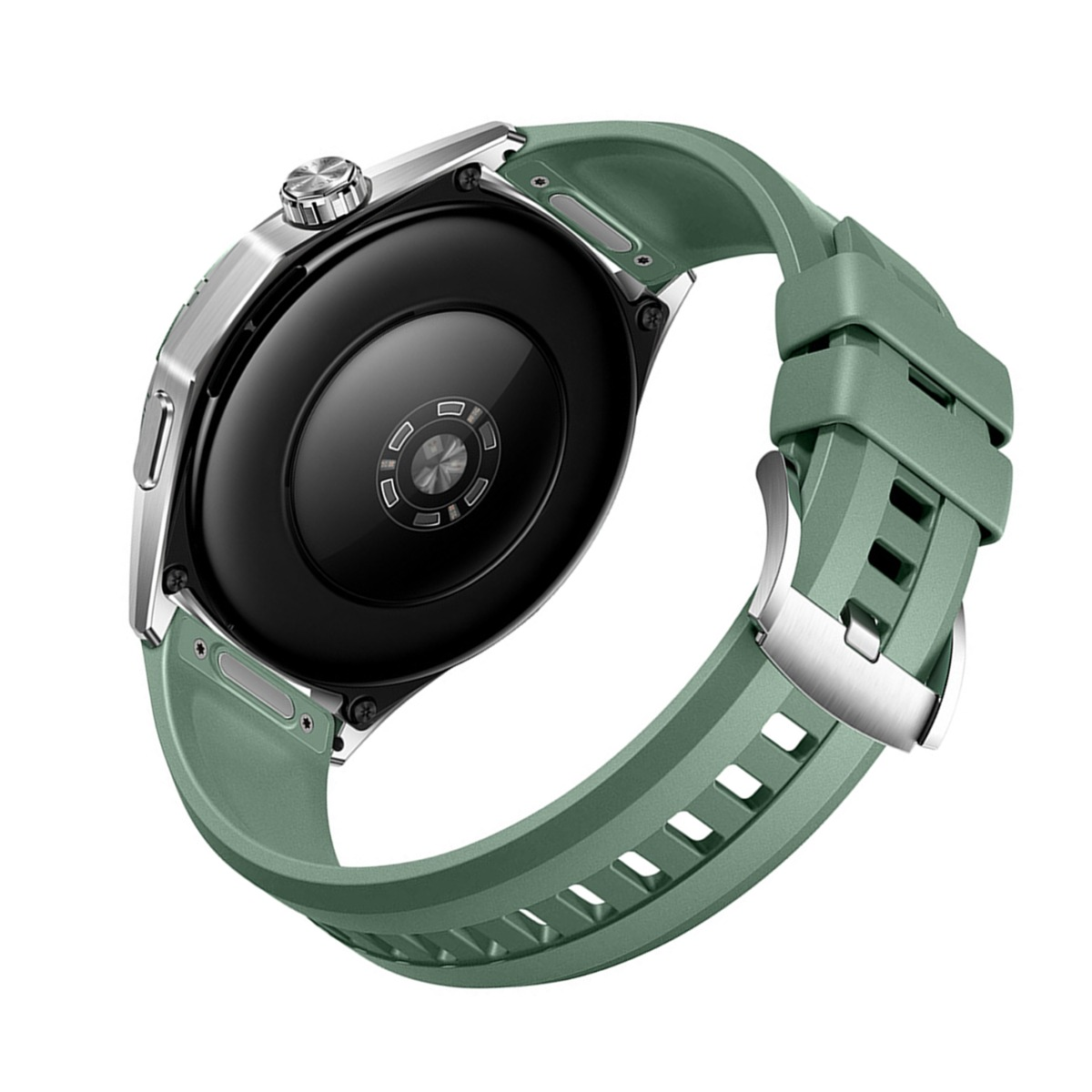 Nahaufnahme einer Smartwatch mit grünem Armband. Die Uhr hat ein schwarzes Zifferblatt mit silbernen Kanten und einen silbernen Knopf.