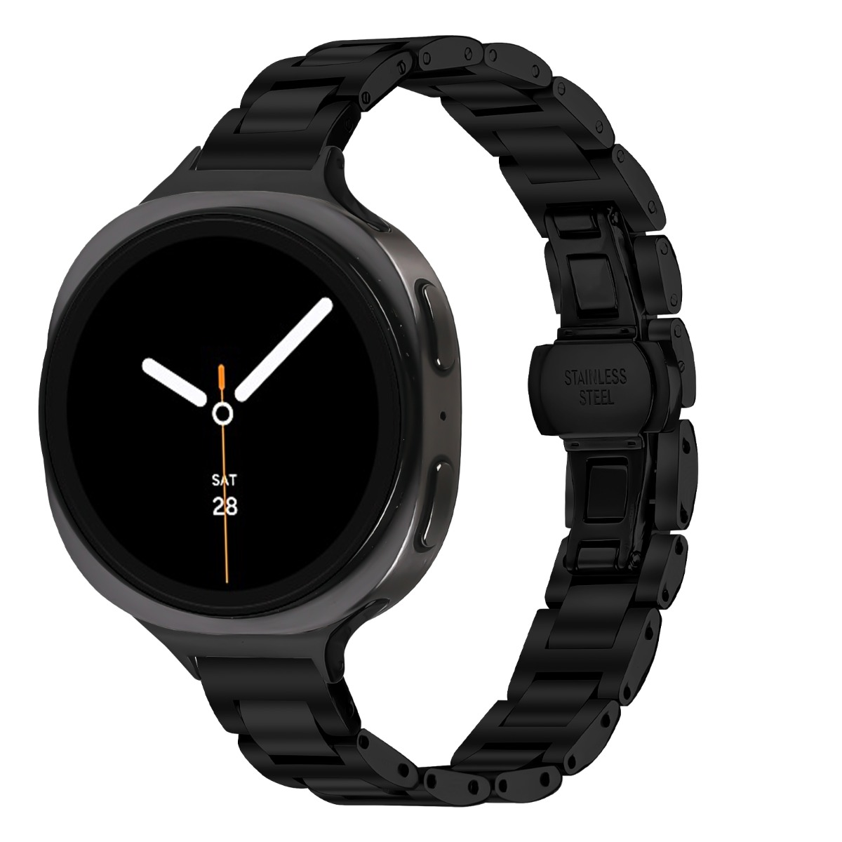 Uno smartwatch nero con cinturino in metallo abbinato. Il quadrante è nero con lancette bianche e mostra 'SAB 28'.