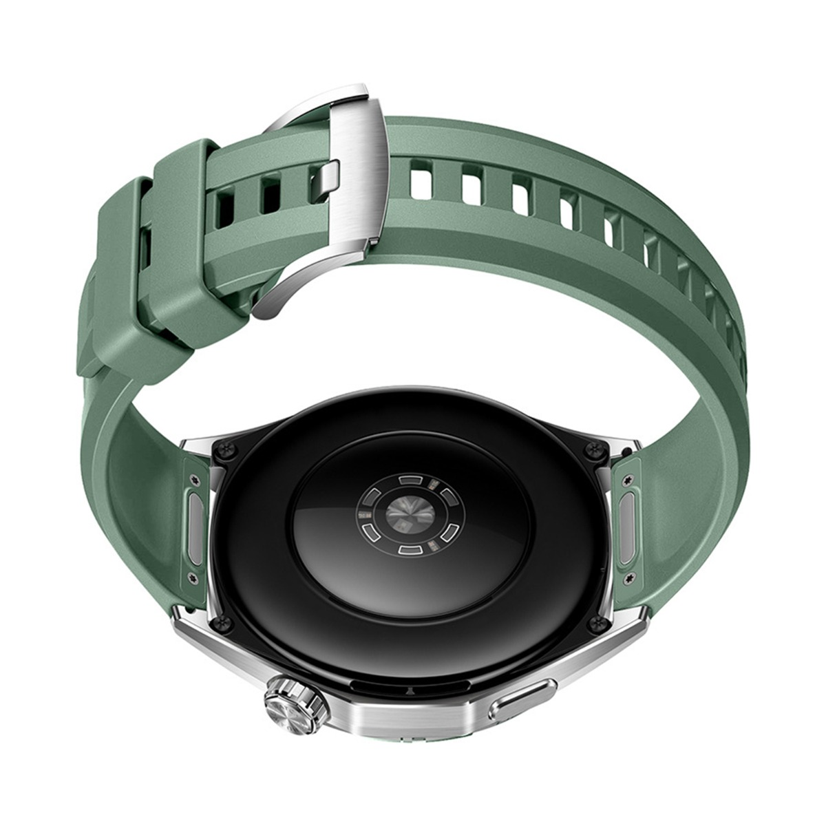 Eine grüne Smartwatch mit schwarzem, kreisförmigem Zifferblatt. Das Armband ist grün und die Schnalle ist silberfarben. Die Uhr wird von hinten betrachtet.