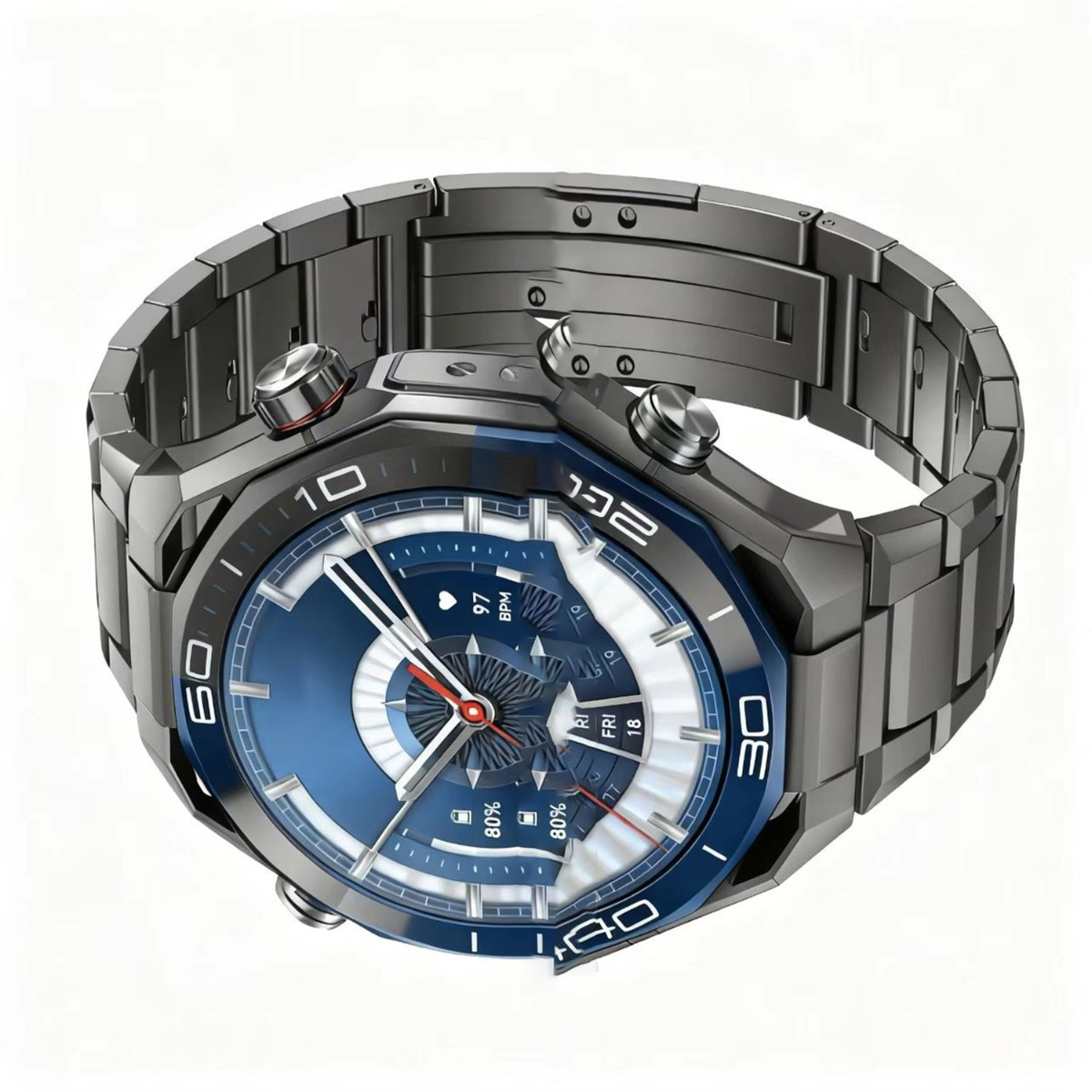 Eine moderne Smartwatch mit einem dunkelgrauen Metallarmband und einem blau-weißen Zifferblatt. Sie zeigt Zeit, BPM und Akkustand an.