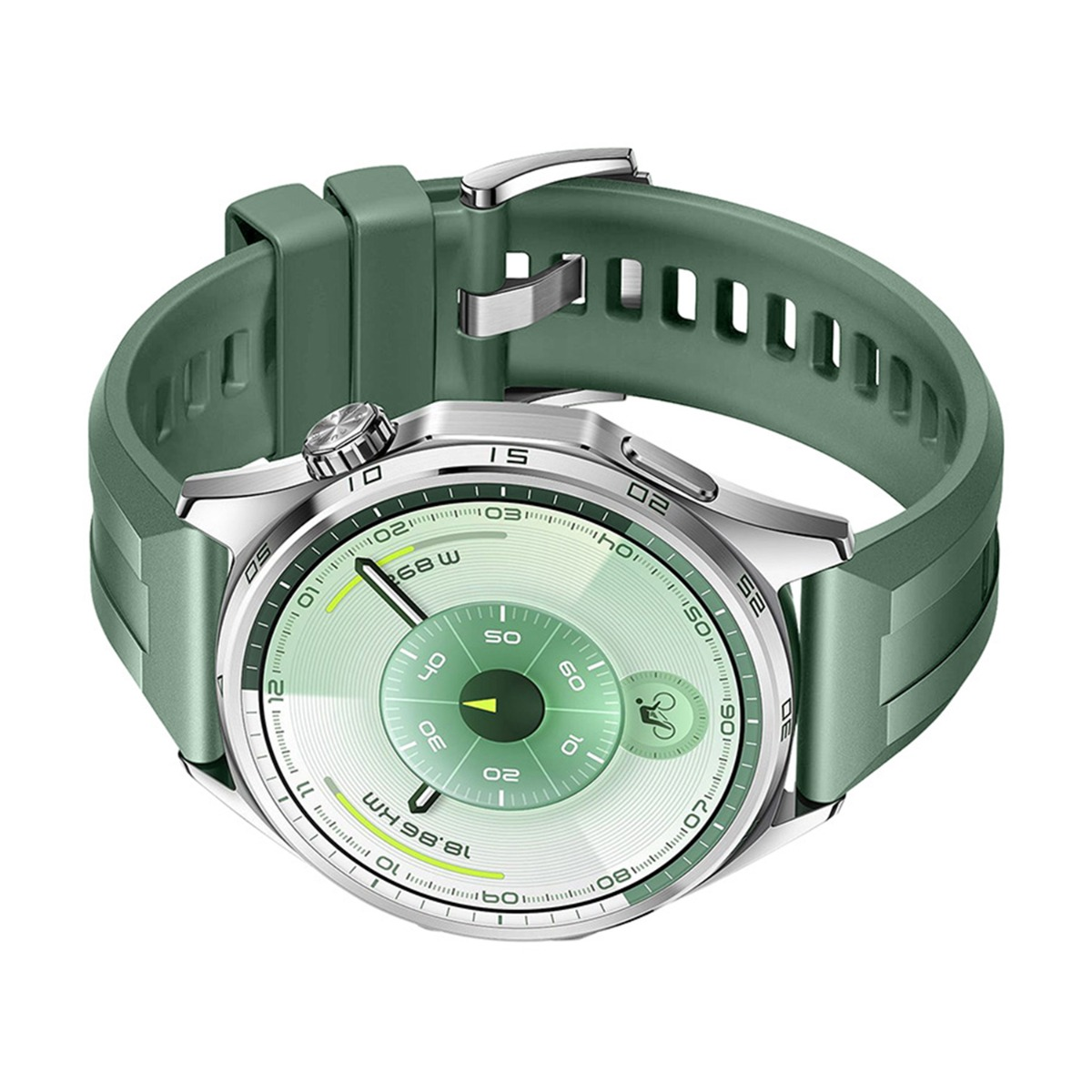 Eine grüne Smartwatch mit silberner Lünette. Das Zifferblatt zeigt Daten an, und ein grünes Armband umgibt das Handgelenk.