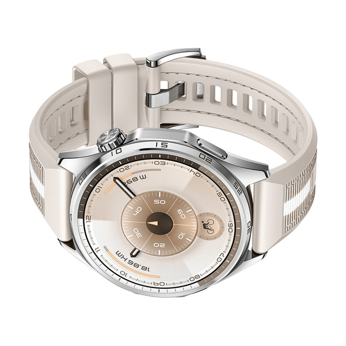 Eine cremefarbene Smartwatch mit silberner Lünette. Das Zifferblatt zeigt Zahlen und Indikatoren an. Das Armband ist ebenfalls cremefarben.