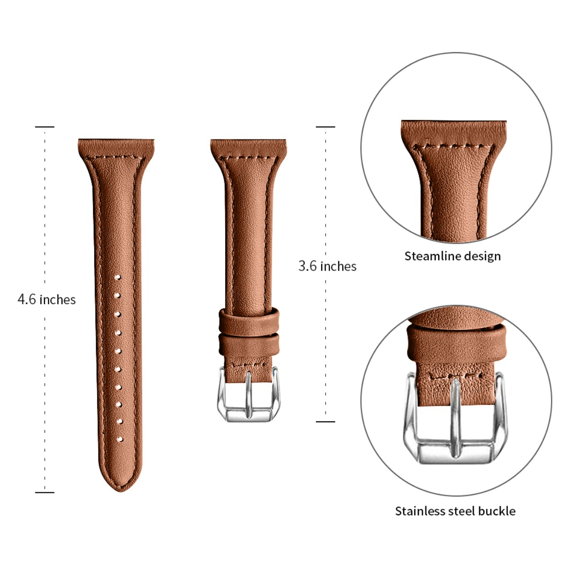 Cinturini per orologi in pelle marrone con fibbia in acciaio inossidabile. Un cinturino è 4,6 pollici, l'altro 3,6 pollici. Design aerodinamico.