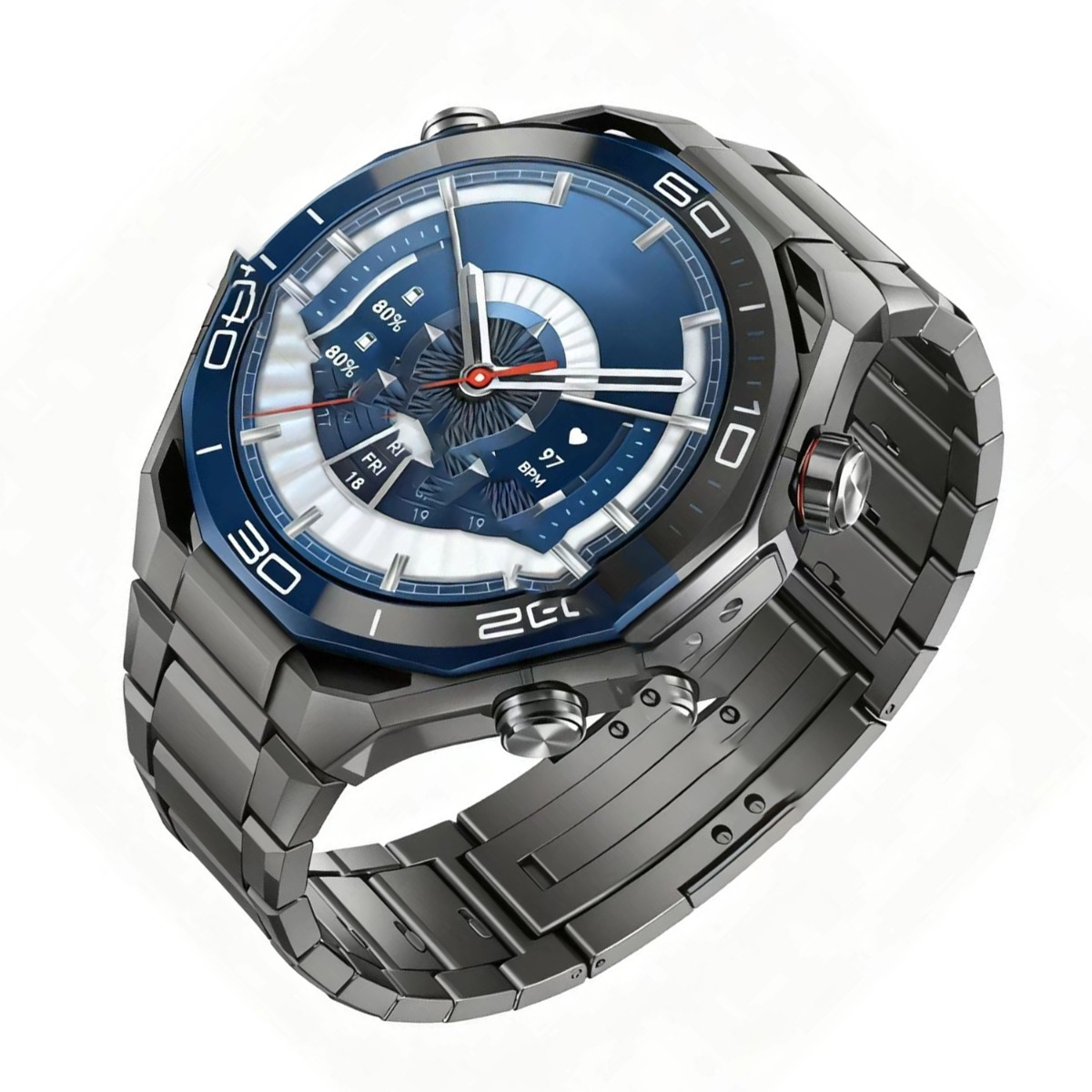 Eine moderne Smartwatch mit blauem Zifferblatt, Metallarmband und verschiedenen Anzeigeindikatoren wie Akku, Herzfrequenz und Datum.