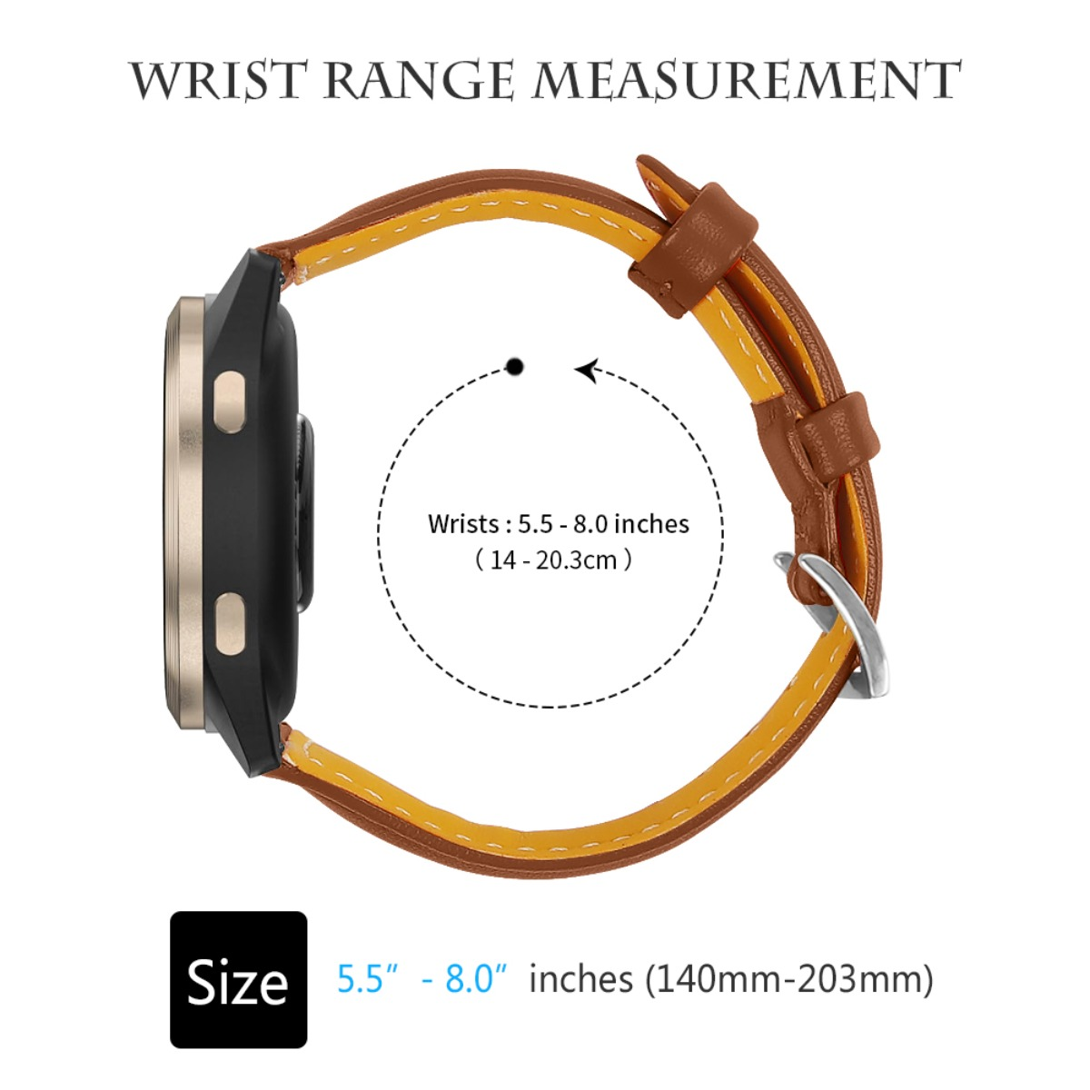 Un orologio con cinturino marrone e giallo. Il testo dice misurazione del polso con dimensioni 5.5" - 8.0" pollici.