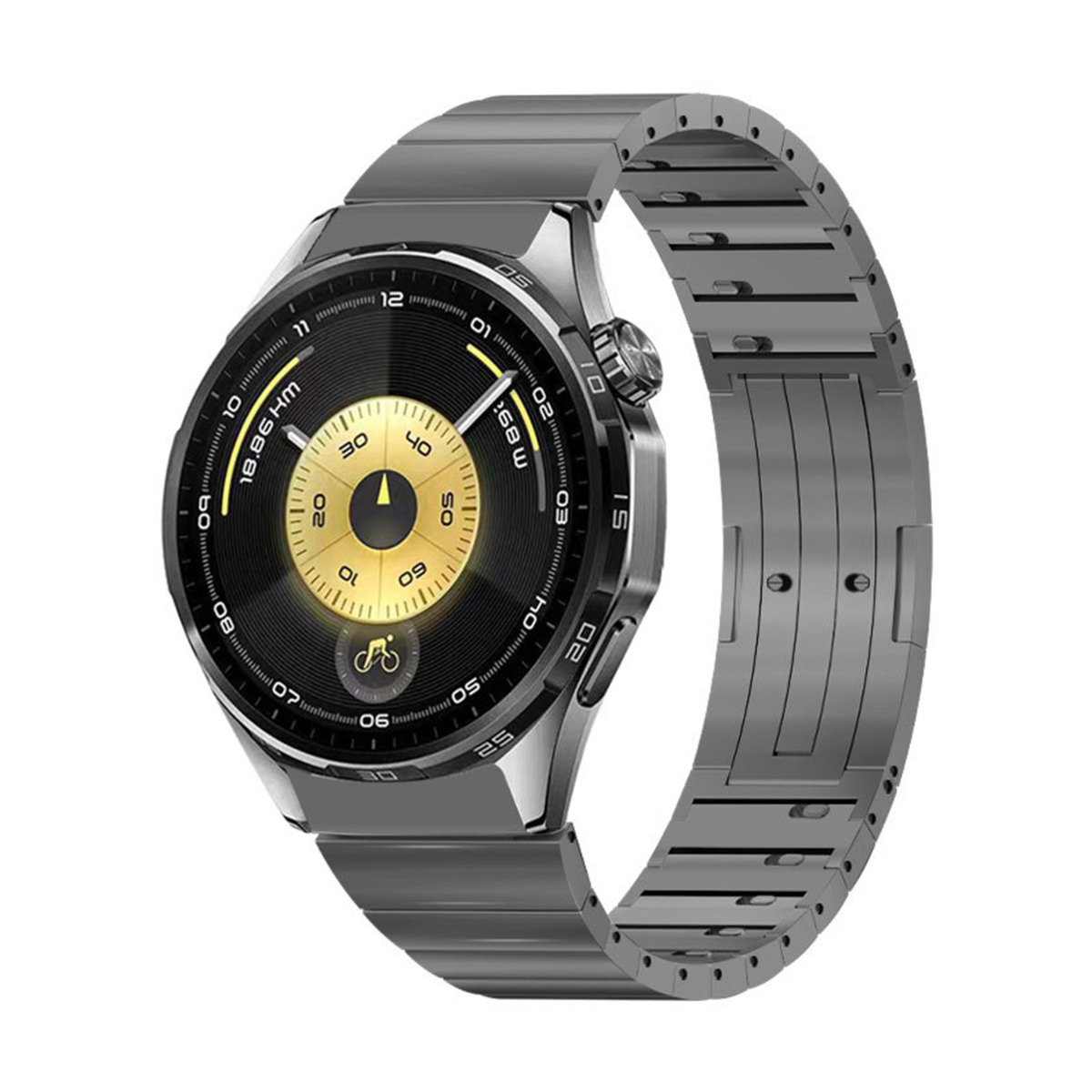 Un reloj inteligente moderno con una correa metálica. La esfera es negra con detalles dorados y muestra datos. La correa es plateada.