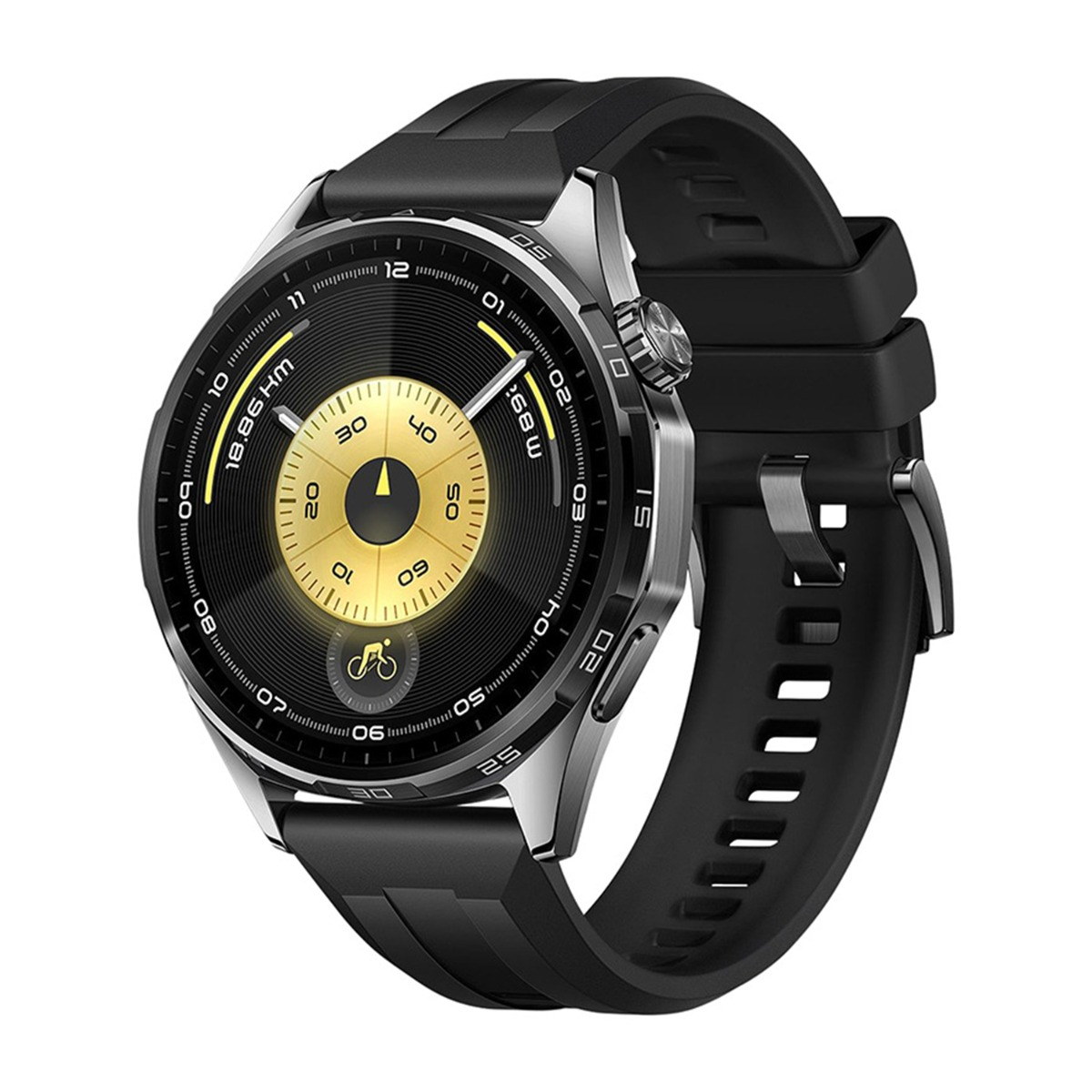Primo piano di uno smartwatch con cinturino nero. Il quadrante è nero e oro con indicatori di tempo. Lo sfondo è bianco.