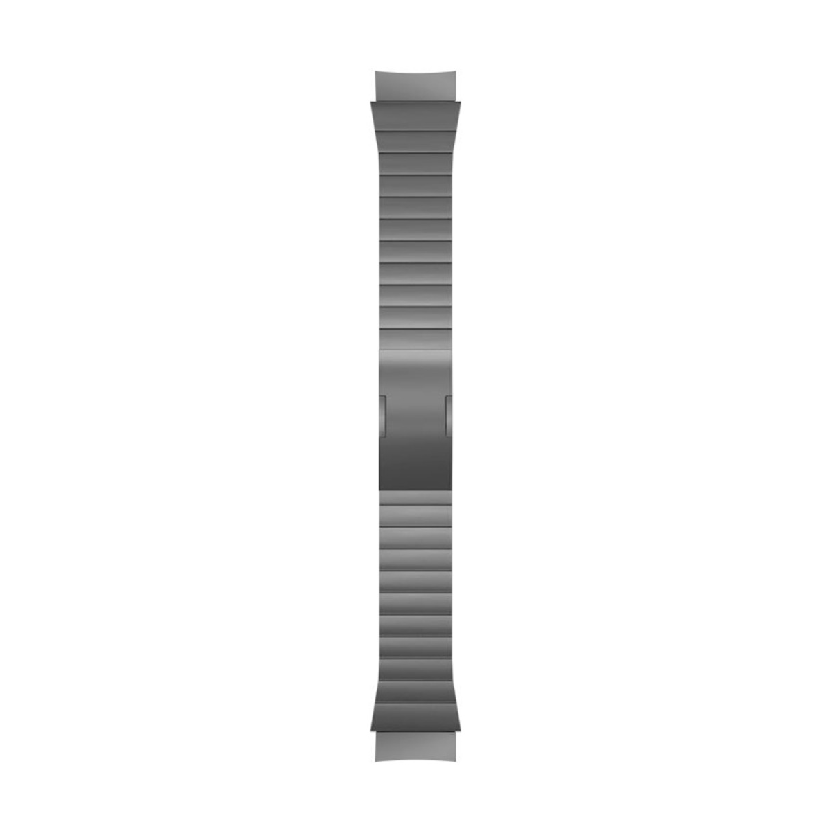Una correa de reloj gris metálico está centrada sobre un fondo blanco. Tiene un cierre y un diseño segmentado.