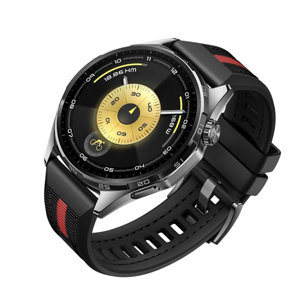 Eine moderne Smartwatch mit schwarzem Armband und rundem Zifferblatt. Das Zifferblatt zeigt eine goldene und schwarze Oberfläche.