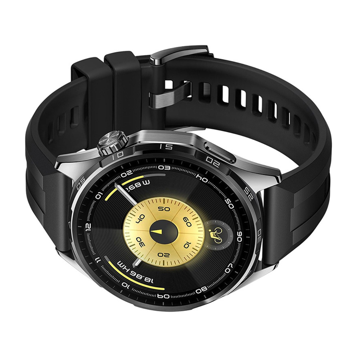 Primo piano di uno smartwatch con cinturino nero. Il quadrante è nero e oro con numeri. L'orologio è su una superficie bianca.