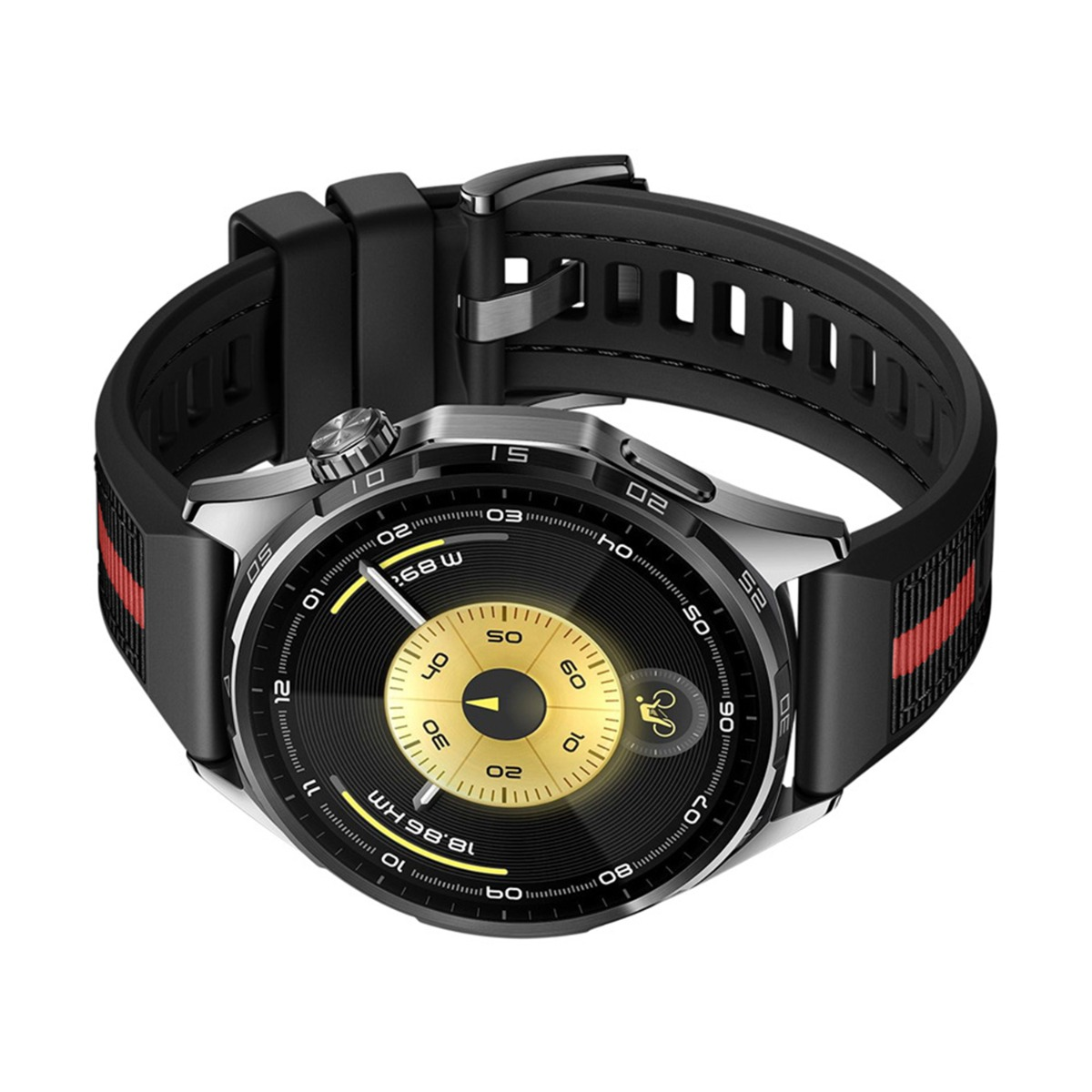 Nahaufnahme einer Smartwatch, silbernes Gehäuse mit schwarzem und rotem Armband. Das Zifferblatt ist schwarz und goldfarben mit Zahlen und Anzeigen.