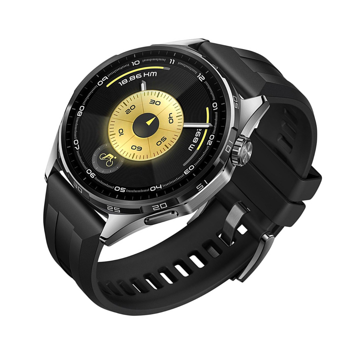 Un orologio intelligente con cinturino nero e quadrante rotondo che mostra le statistiche. Il quadrante ha un centro dorato e un anello esterno nero.