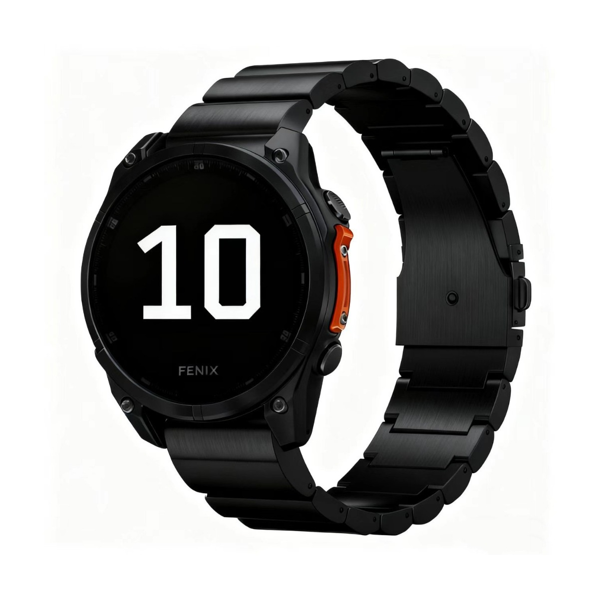 Schwarze Smartwatch mit der Zahl 10 auf dem Bildschirm. Die Uhr hat ein schwarzes Armband und eine orangefarbene Taste.
