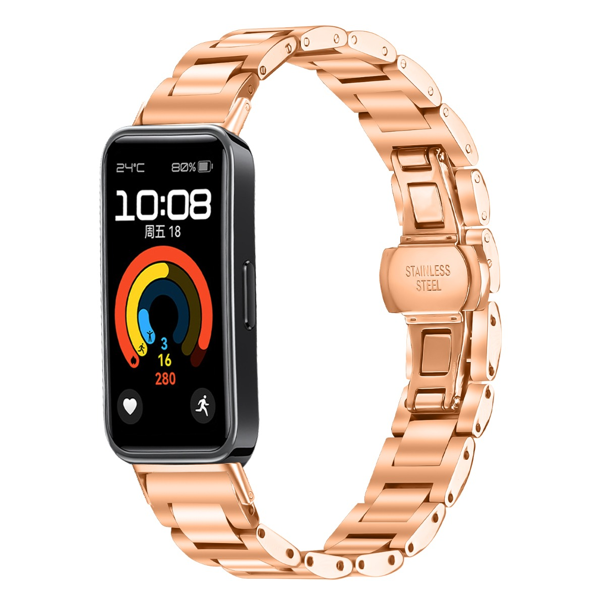 Eine roségoldene Smartwatch mit schwarzem Bildschirm, der Zeit und Gesundheitsdaten anzeigt, verbunden mit einem Metallband.
