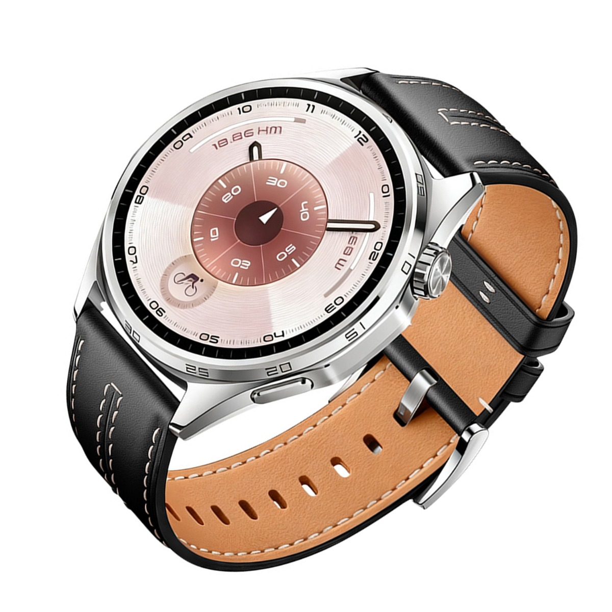 Eine moderne Smartwatch mit silbernem Gehäuse und schwarzem Lederarmband. Das Zifferblatt ist hellrosa mit dunkler Mitte. Das Armband ist innen braun.
