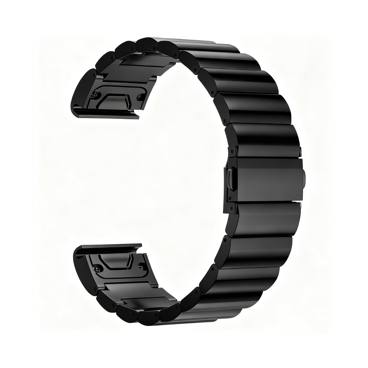 Ein gebogenes, schwarzes Metall-Uhrenarmband auf weißem Hintergrund. Es besteht aus verbundenen, rechteckigen Gliedern.