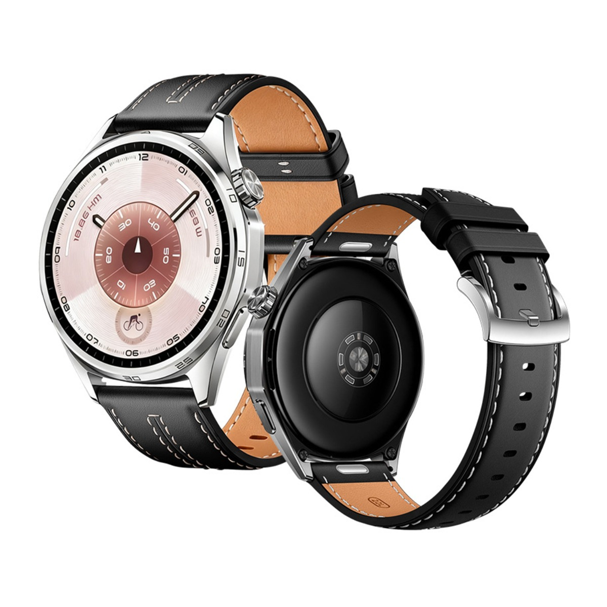 Zwei Smartwatches. Eine zeigt das Zifferblatt, die andere die Rückseite. Schwarze Lederarmbänder und silberne Gehäuse sind sichtbar.