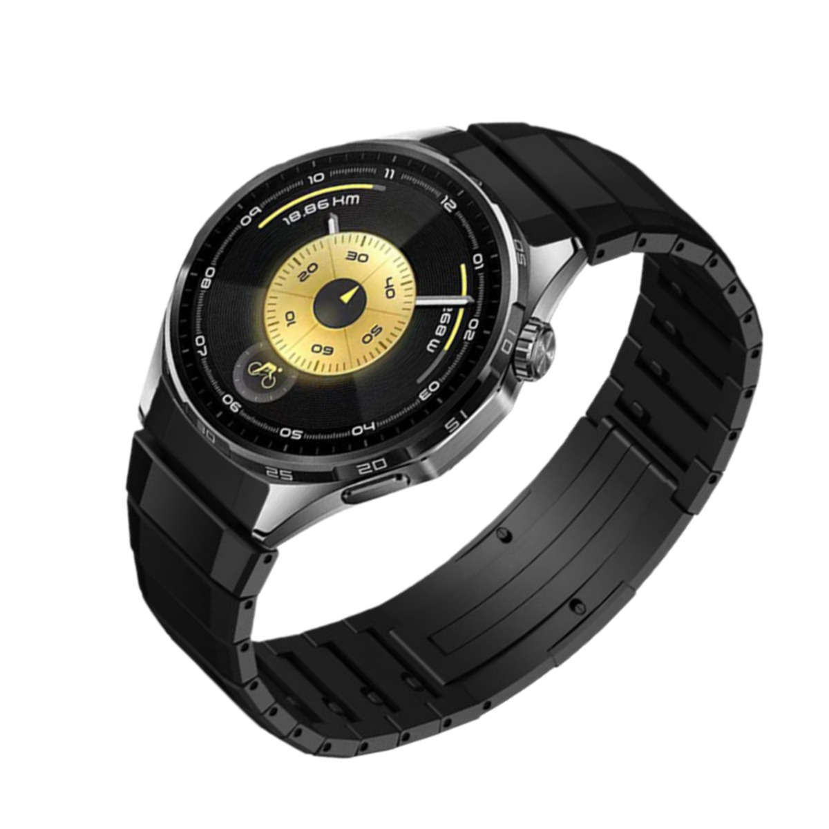 Uno smartwatch nero con quadrante rotondo e cinturino in metallo nero, isolato su sfondo bianco. Il quadrante mostra dati di tempo e attività.