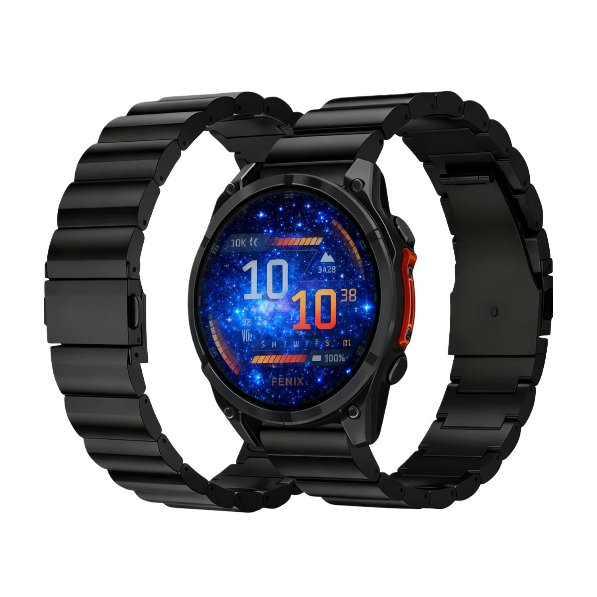 Eine schwarze Smartwatch mit einem Display im Galaxien-Design, das die Uhrzeit anzeigt. Sie hat ein schwarzes Metallarmband.
