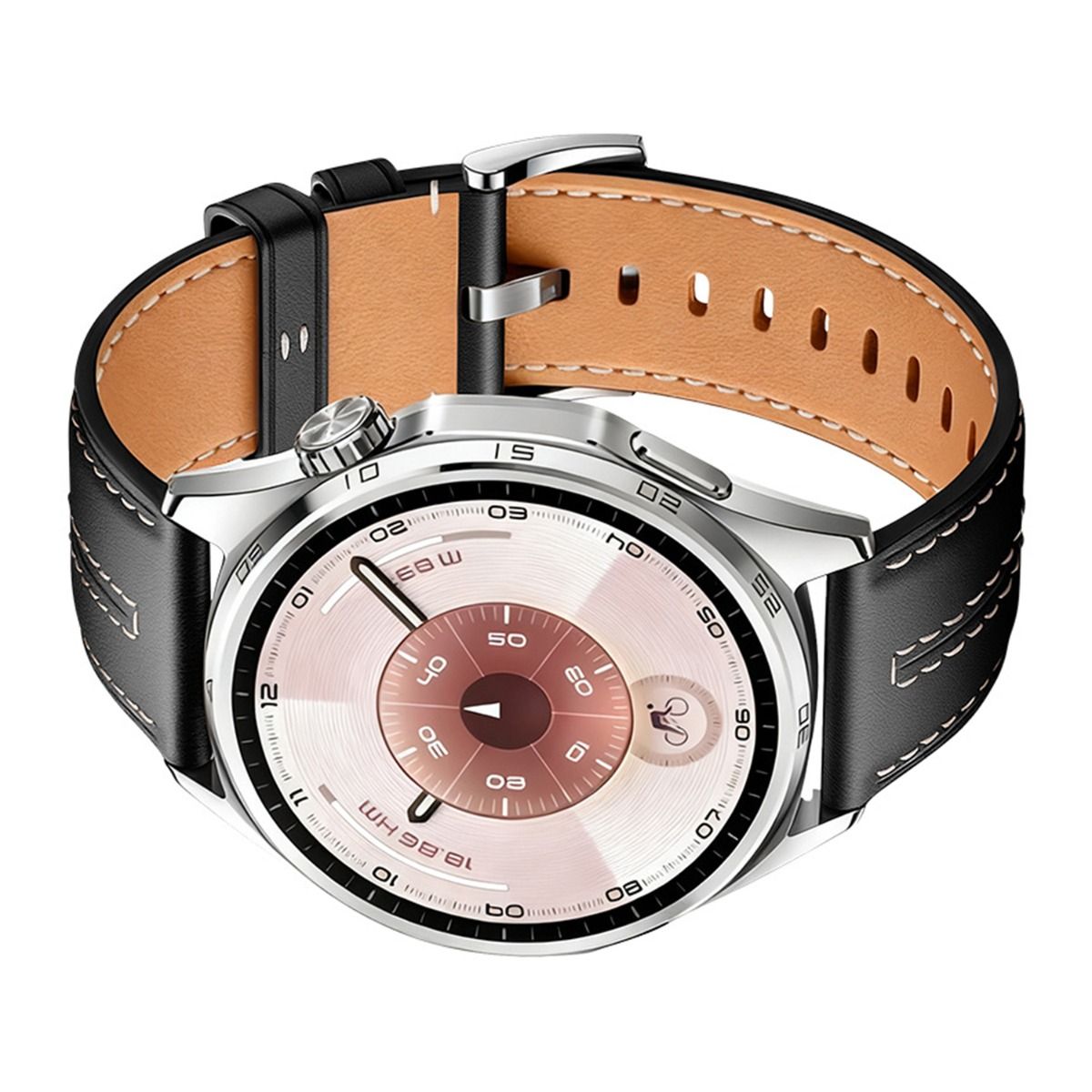 Nahaufnahme einer Smartwatch mit silbernem Gehäuse und schwarzem Lederarmband. Das Zifferblatt ist rosa und weiß.