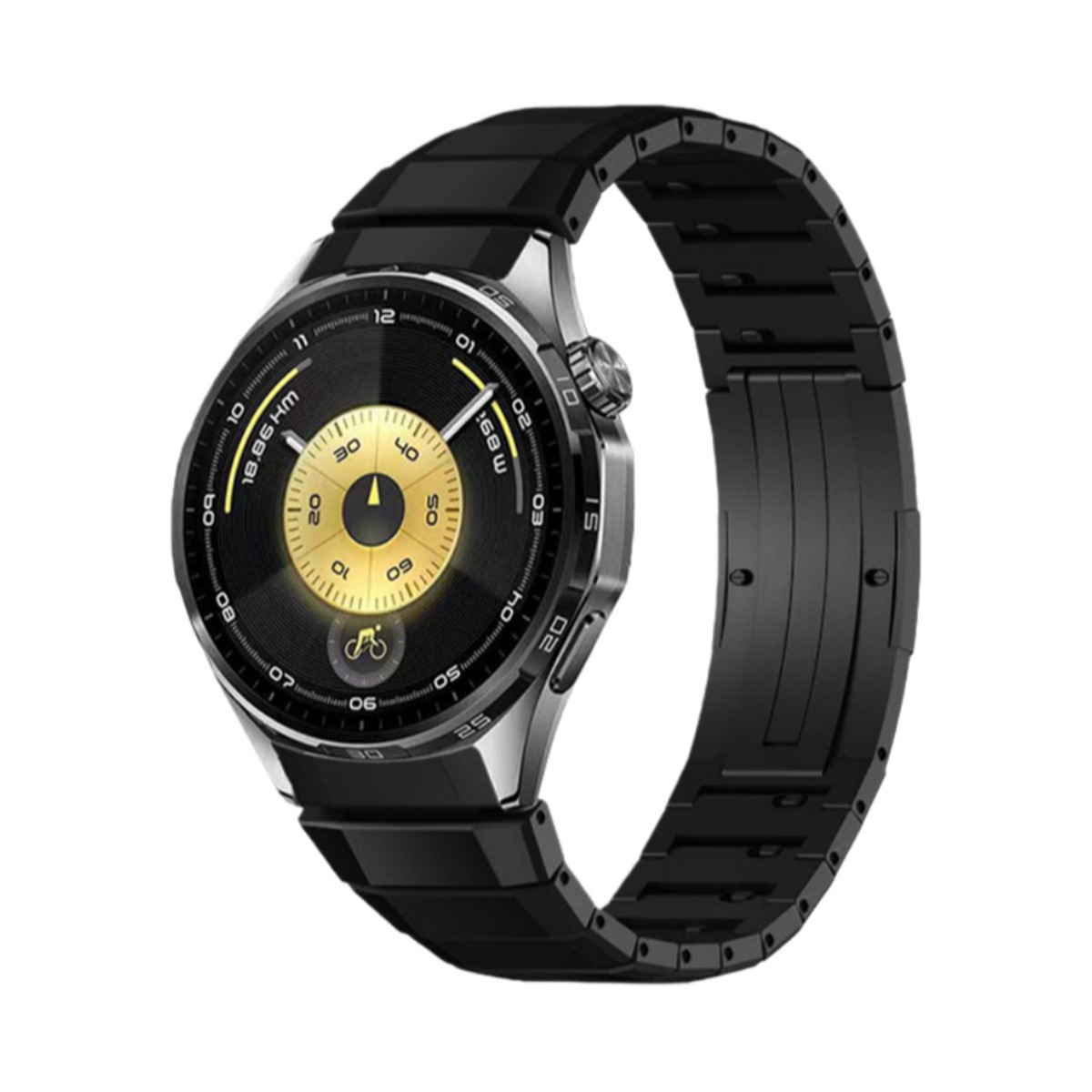 Un moderno smartwatch con cinturino nero, cassa argentata e display oro e nero che mostra l'ora e le metriche di fitness.