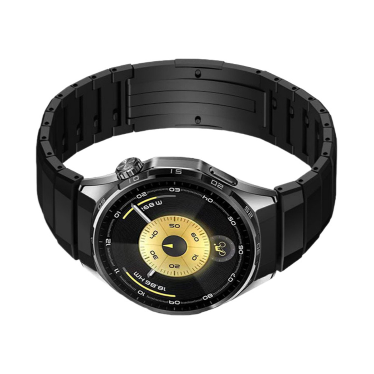 Uno smartwatch nero con display oro e nero. Ha un cinturino in metallo nero e una lunetta color argento.