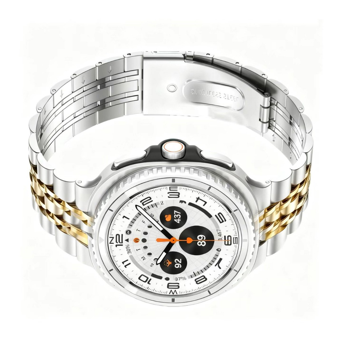Un orologio da polso argento e oro mostra un quadrante bianco con dettagli neri e arancioni, su sfondo bianco.