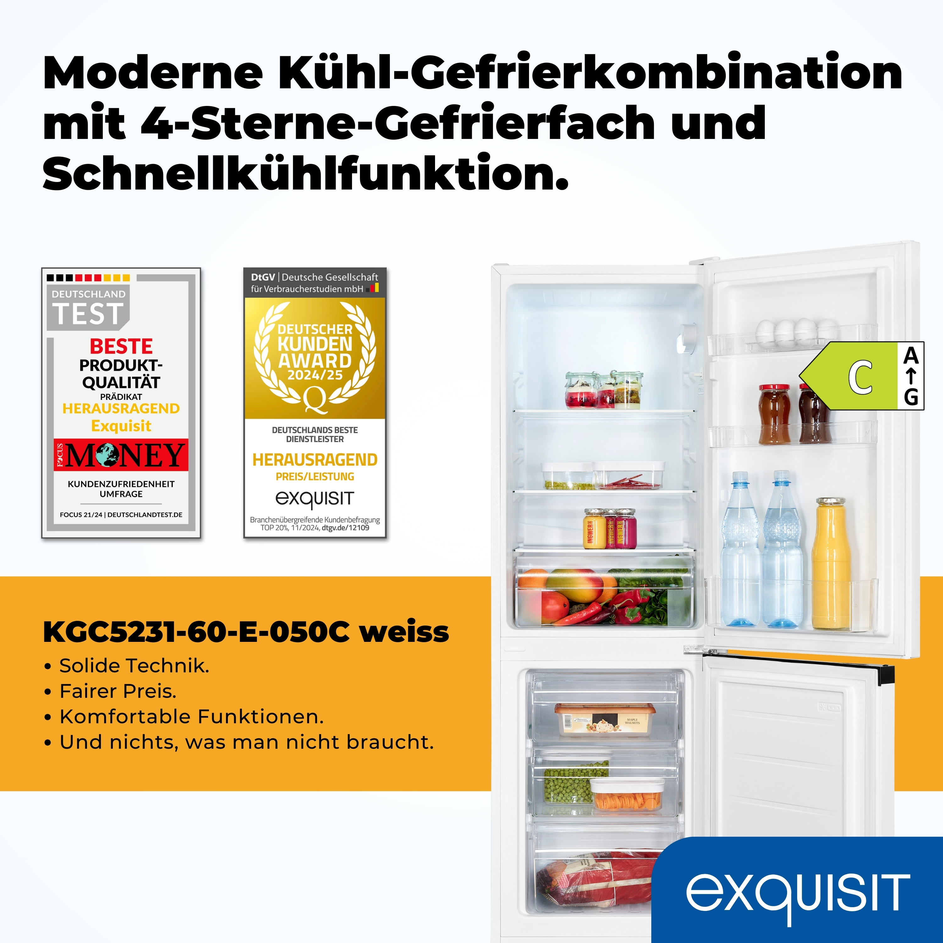 Ein weißer Kühlschrank ist geöffnet und zeigt Lebensmittel. Auszeichnungen und Text links.