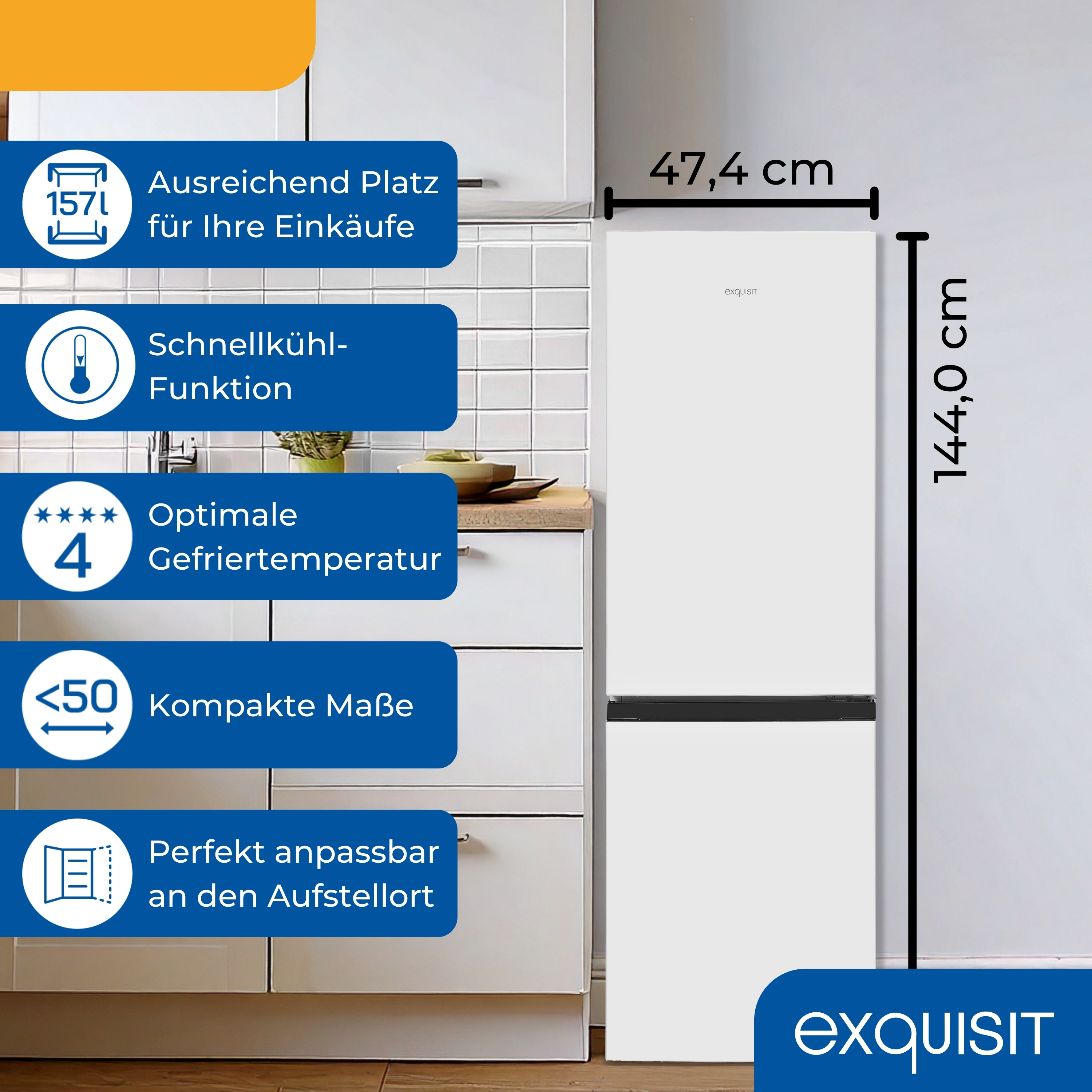 Ein weißer Kühlschrank mit schwarzen Details vor weißem Hintergrund. Text kennzeichnet Funktionen und Maße.