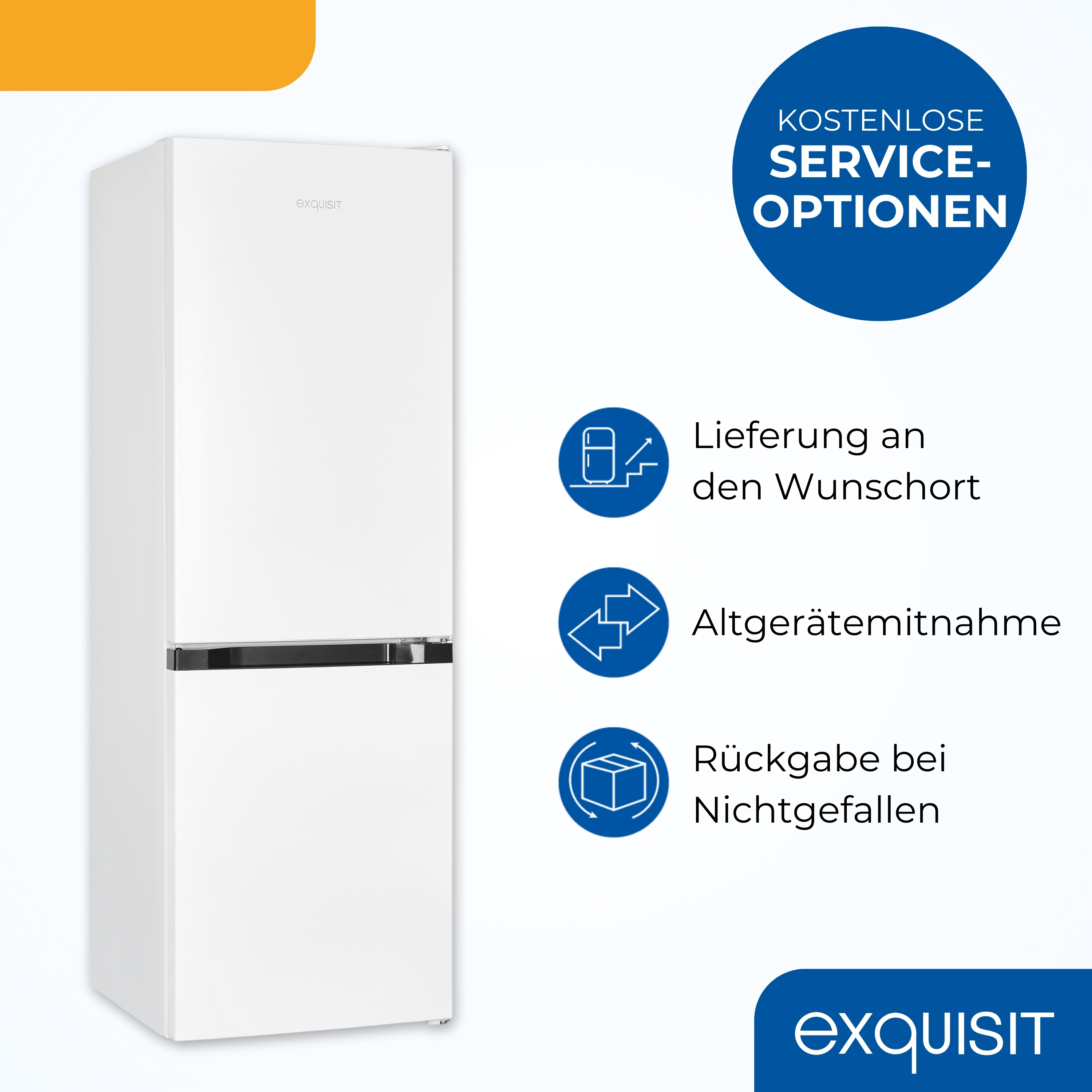 Ein weißer Exquisit-Kühlschrank auf weißem Hintergrund. Blaue Kreise mit weißem Text und Symbolen rechts davon.